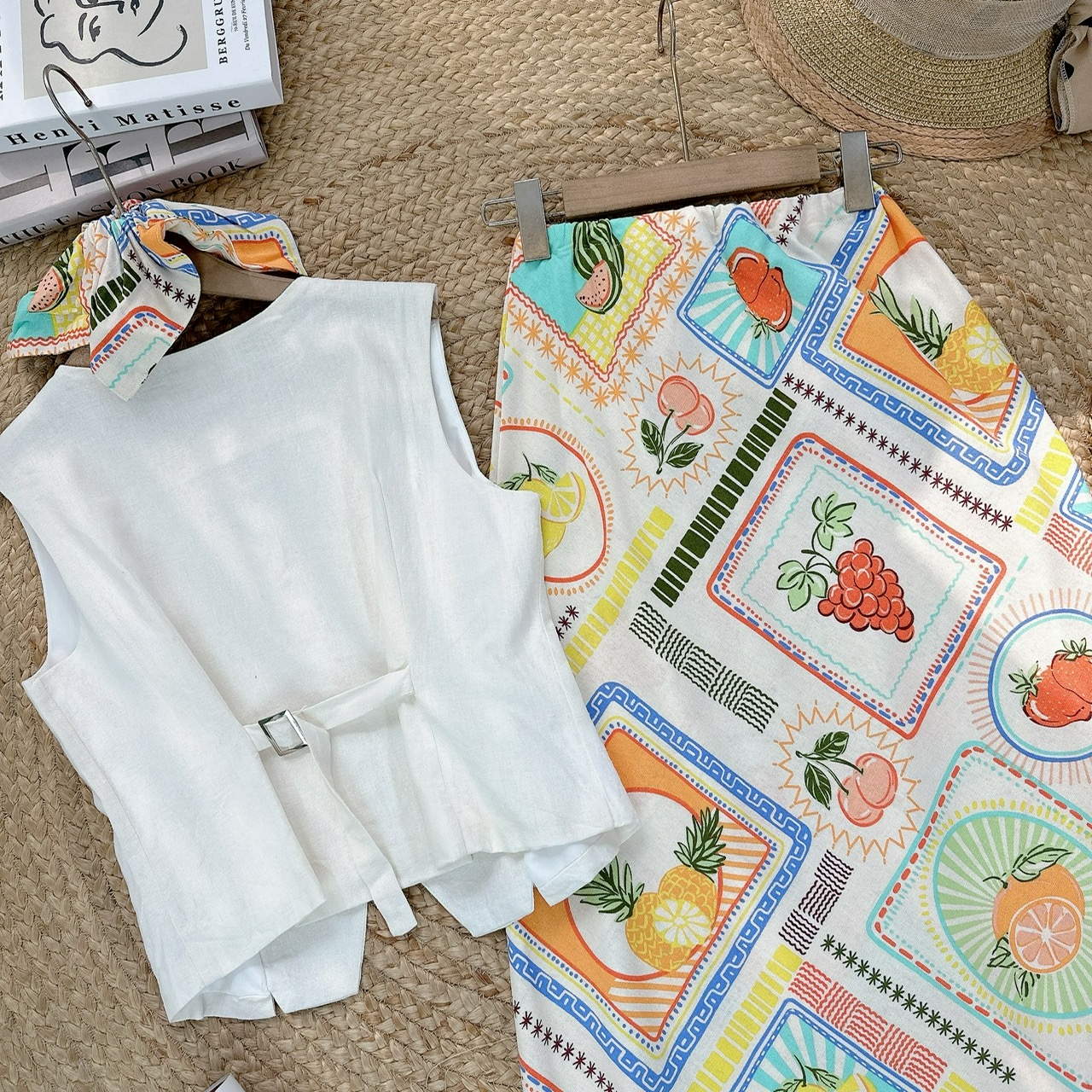 Set Bộ Thêu Áo Gile Mix Chân Váy Họa Tiết Chất Linen Đi Biển MIMIX - FE5