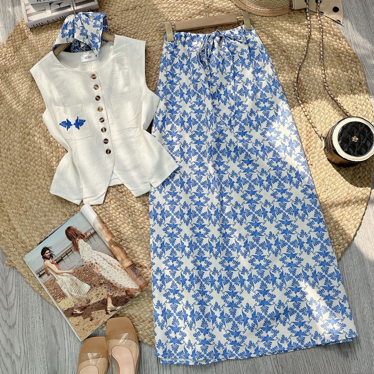 Set Bộ Thêu Áo Gile Mix Chân Váy Họa Tiết Chất Linen Đi Biển MIMIX - FE5