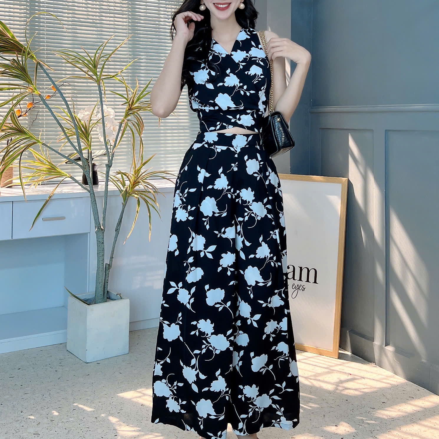 Set Bộ Lụa Mango Áo Đắp Chéo Mix Quần Dáng Dài Đi Du Lịch MIMIX - FE6