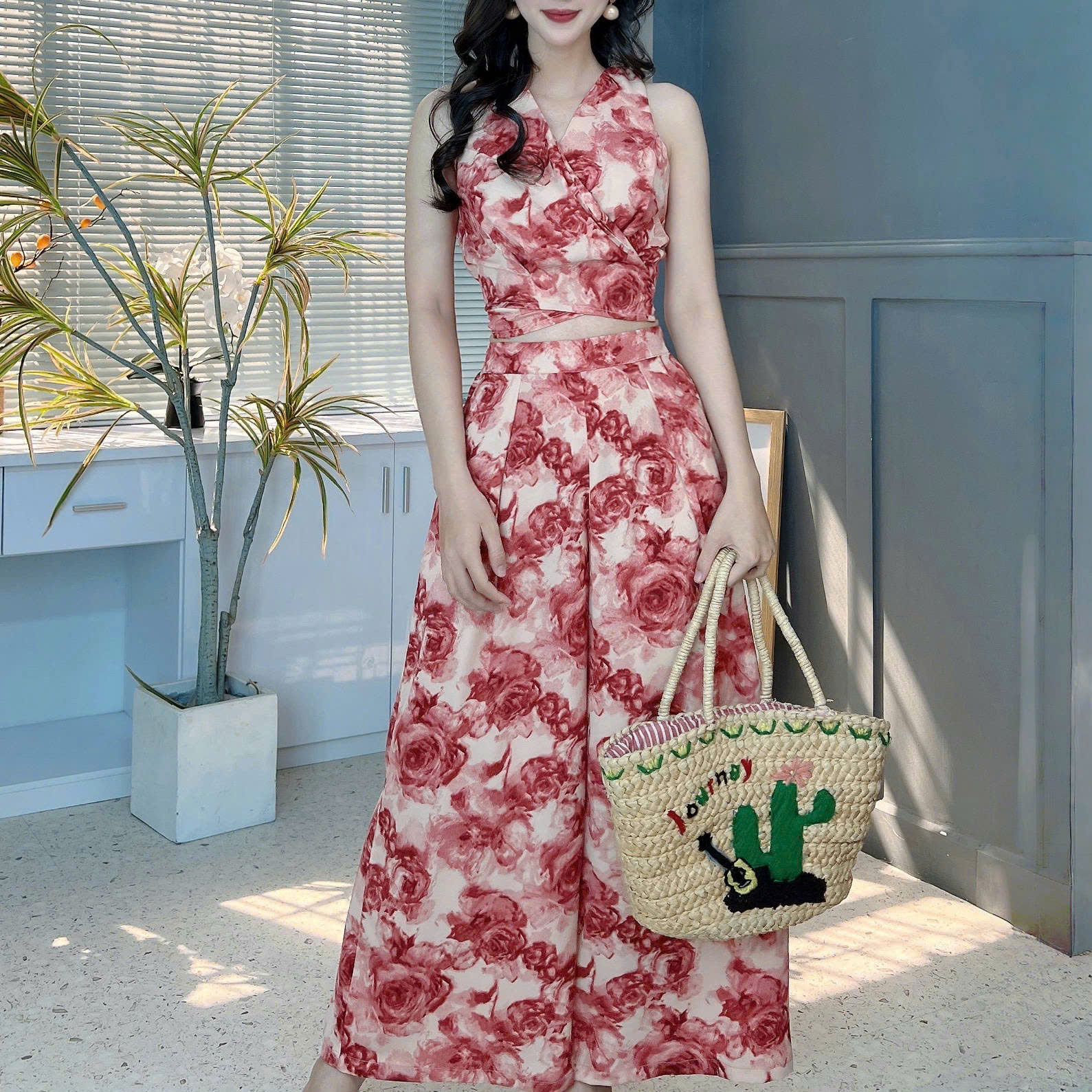 Set Bộ Lụa Mango Áo Đắp Chéo Mix Quần Dáng Dài Đi Du Lịch MIMIX - FE6