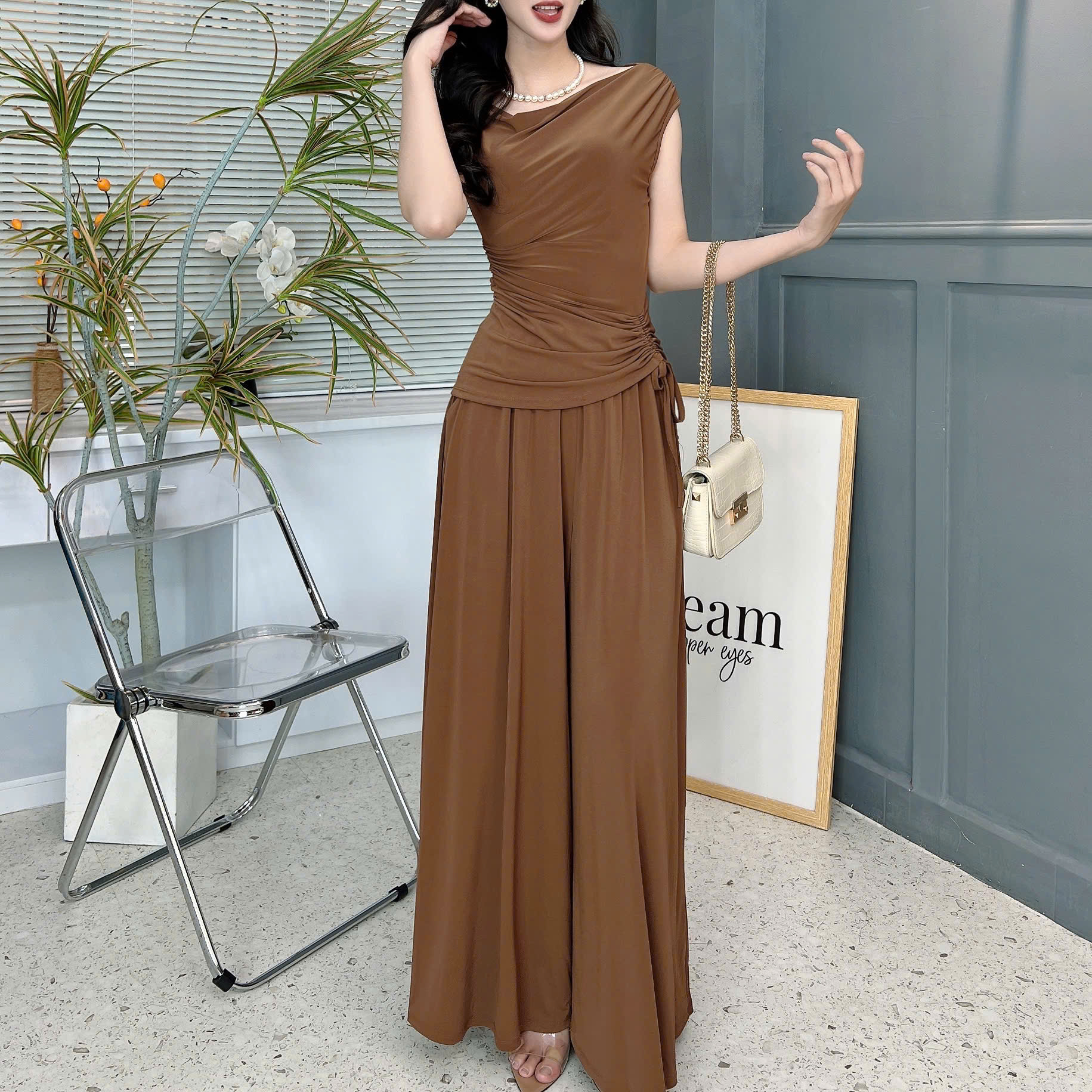 Set Bộ Trơn Áo Lệch Vai Phối Rút Eo Mix Quần Dáng Dài Chất Thun Rayon Đi Dạo Phố MIMIX - FE9