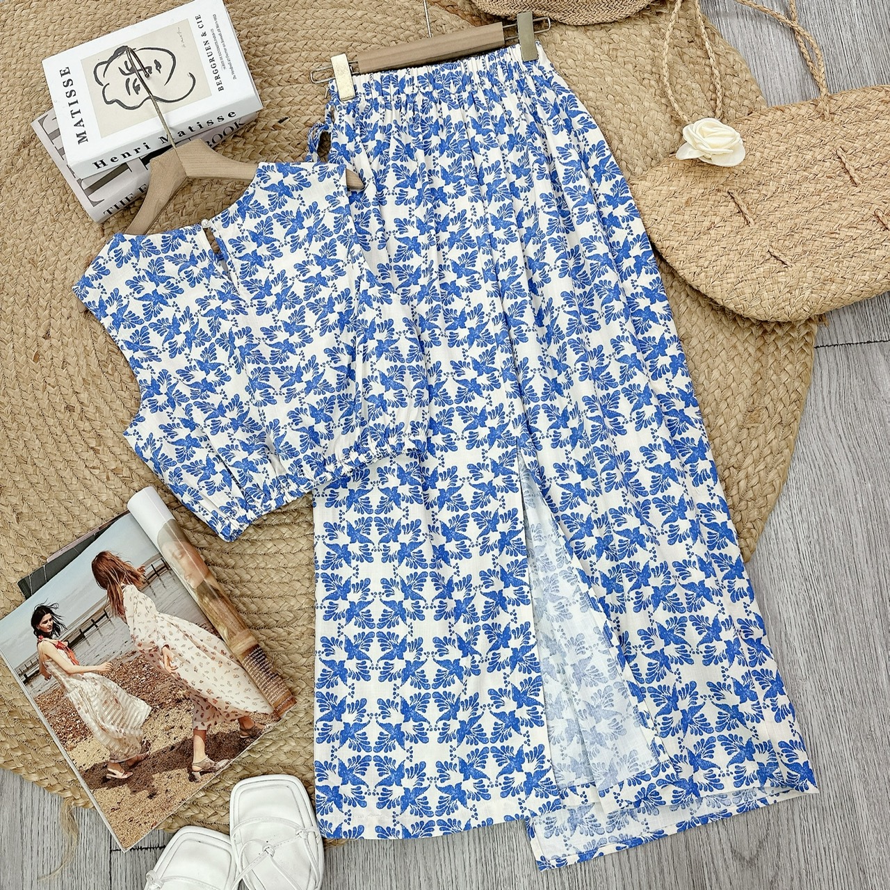 Set Váy Họa Tiết Nữ Áo Sát Nách Bo Eo Mix Chân Váy Đắp Vạt Chất Linen Đi Dạo Phố MIMIX - FF0