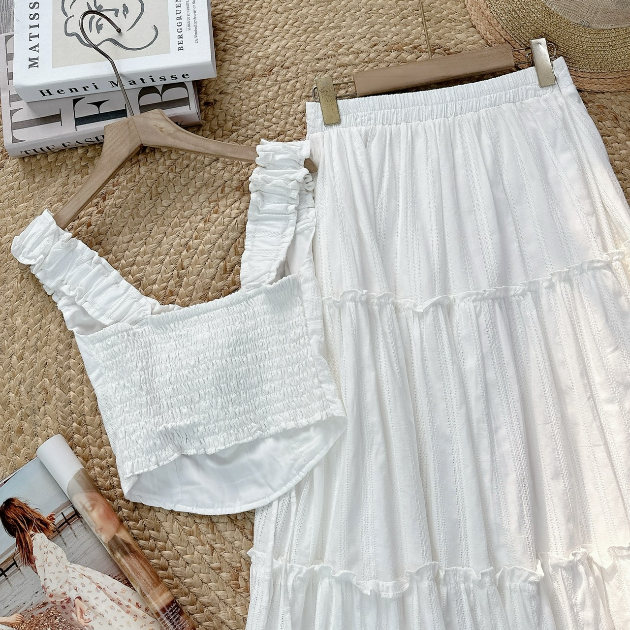Set Bộ Váy Mix Áo 2 Dây Bản To Dáng Dài Xòe Chất Cotton Đi Du Lịch MIMIX - FF1