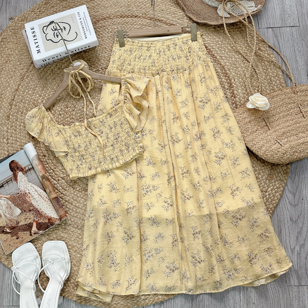 Set Váy Nữ Áo Croptop Tay Tiên Mix Chân Váy Nhún Eo Chất Tơ gân Đi Dạo Phố MIMIX - FF2