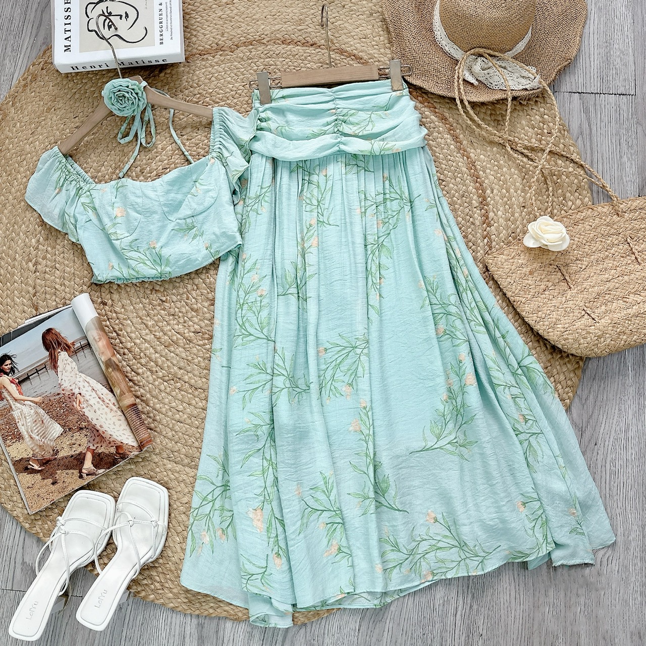 Set Váy Nữ Áo Croptop Tay Tiên Mix Chân Váy Nhún Eo Chất Tơ gân Đi Dạo Phố MIMIX - FF2