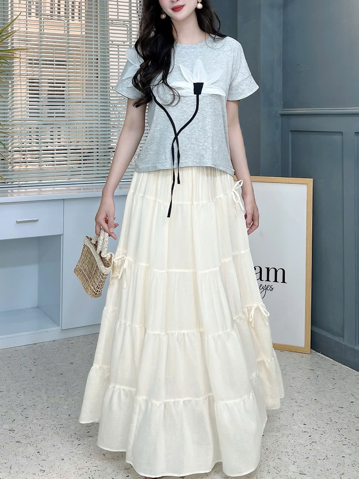 Chân Váy Nữ Trơn Tầng Đính Nơ Chất Tơ Cotton Đi Du Lịch MIMIX - FG6
