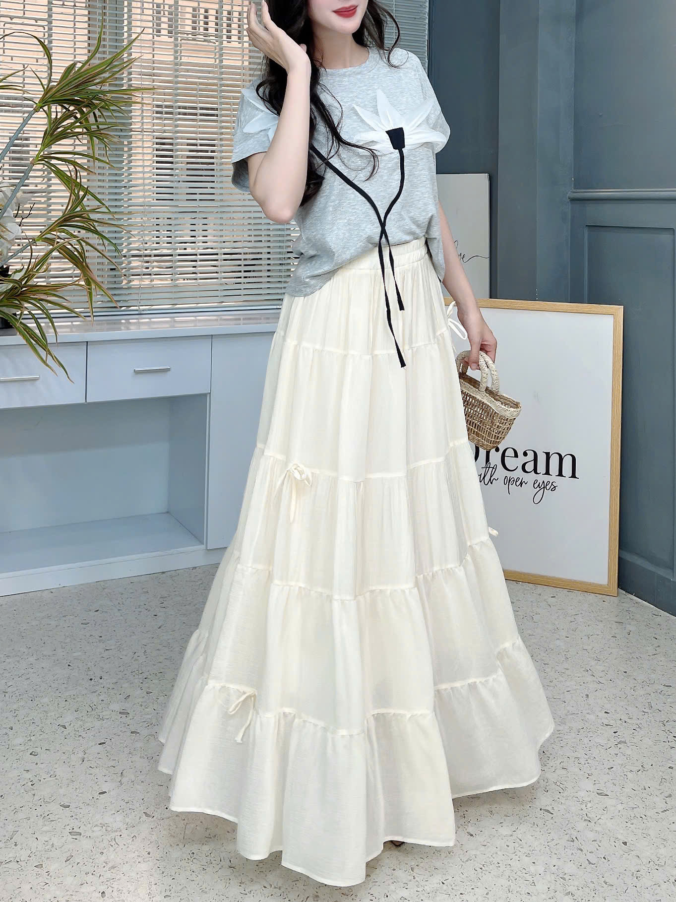 Chân Váy Nữ Trơn Tầng Đính Nơ Chất Tơ Cotton Đi Du Lịch MIMIX - FG6