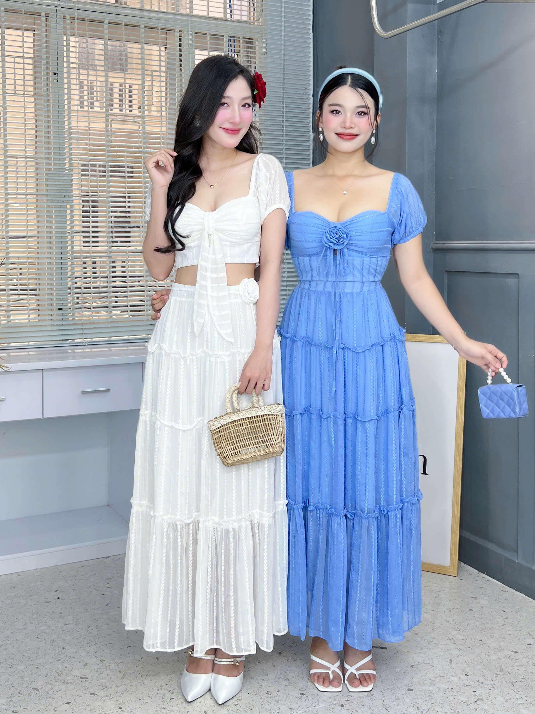 Set Áo Cúp Tay Ngắn Mix Chân Váy Dáng Dài Xòe Chất Tơ Thêu IC Đi Biển Đi Tiệc MIMIX - FG8