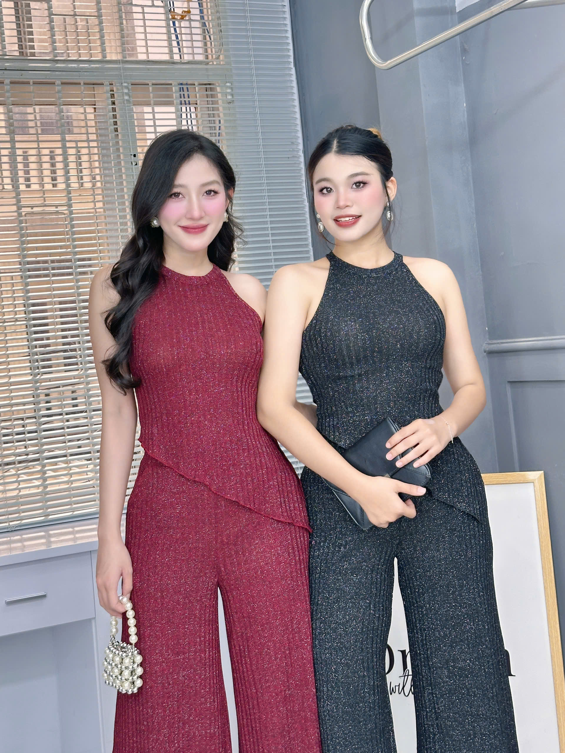 Set Bộ Nữ Áo Yếm Vạt Xéo Mix Quần Dáng Dài Chất Dệt Kim Ánh Nhũ Co Dãn 4 Chiều Đi Tiệc MIMIX - FH7