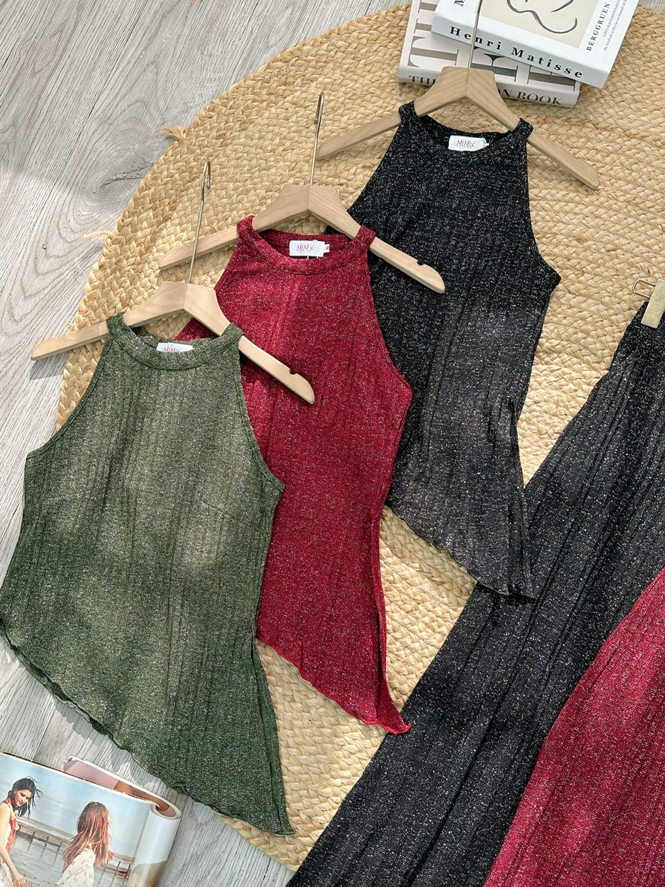 Set Bộ Nữ Áo Yếm Vạt Xéo Mix Quần Dáng Dài Chất Dệt Kim Ánh Nhũ Co Dãn 4 Chiều Đi Tiệc MIMIX - FH7