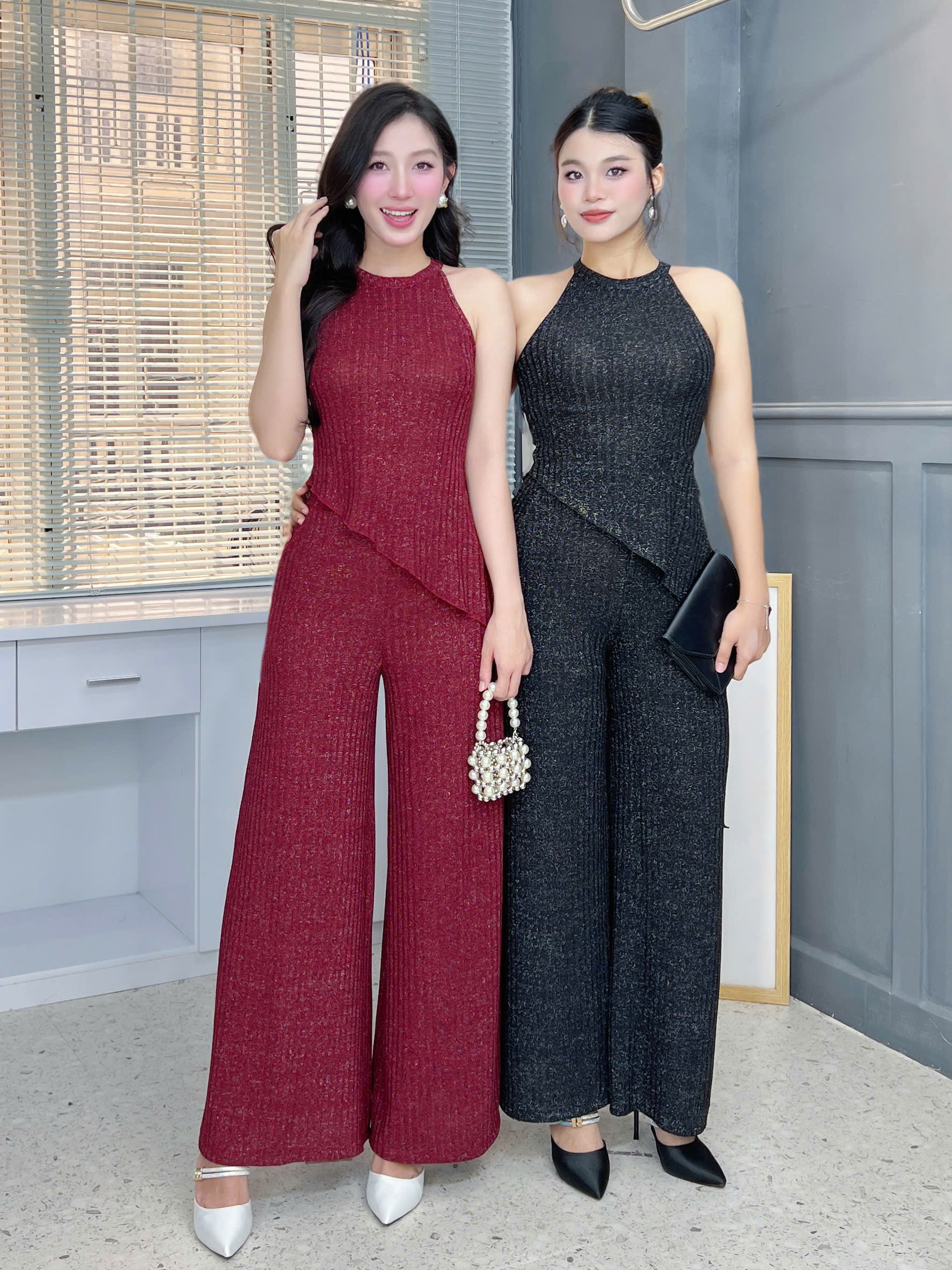 Set Bộ Nữ Áo Yếm Vạt Xéo Mix Quần Dáng Dài Chất Dệt Kim Ánh Nhũ Co Dãn 4 Chiều Đi Tiệc MIMIX - FH7