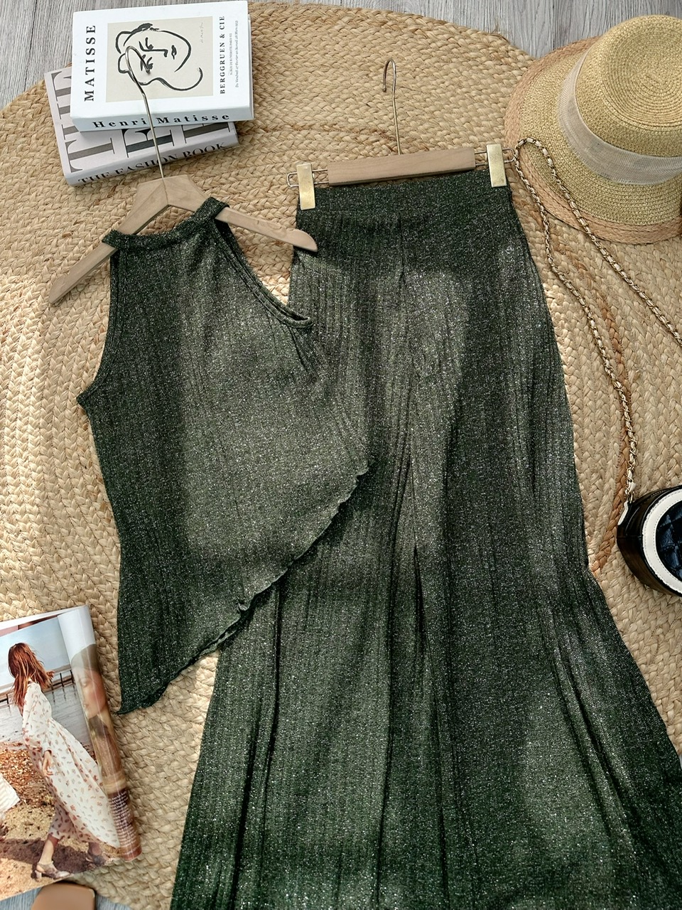 Set Bộ Nữ Áo Yếm Vạt Xéo Mix Quần Dáng Dài Chất Dệt Kim Ánh Nhũ Co Dãn 4 Chiều Đi Tiệc MIMIX - FH7