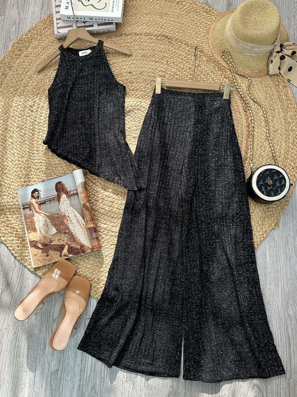 Set Bộ Nữ Áo Yếm Vạt Xéo Mix Quần Dáng Dài Chất Dệt Kim Ánh Nhũ Co Dãn 4 Chiều Đi Tiệc MIMIX - FH7