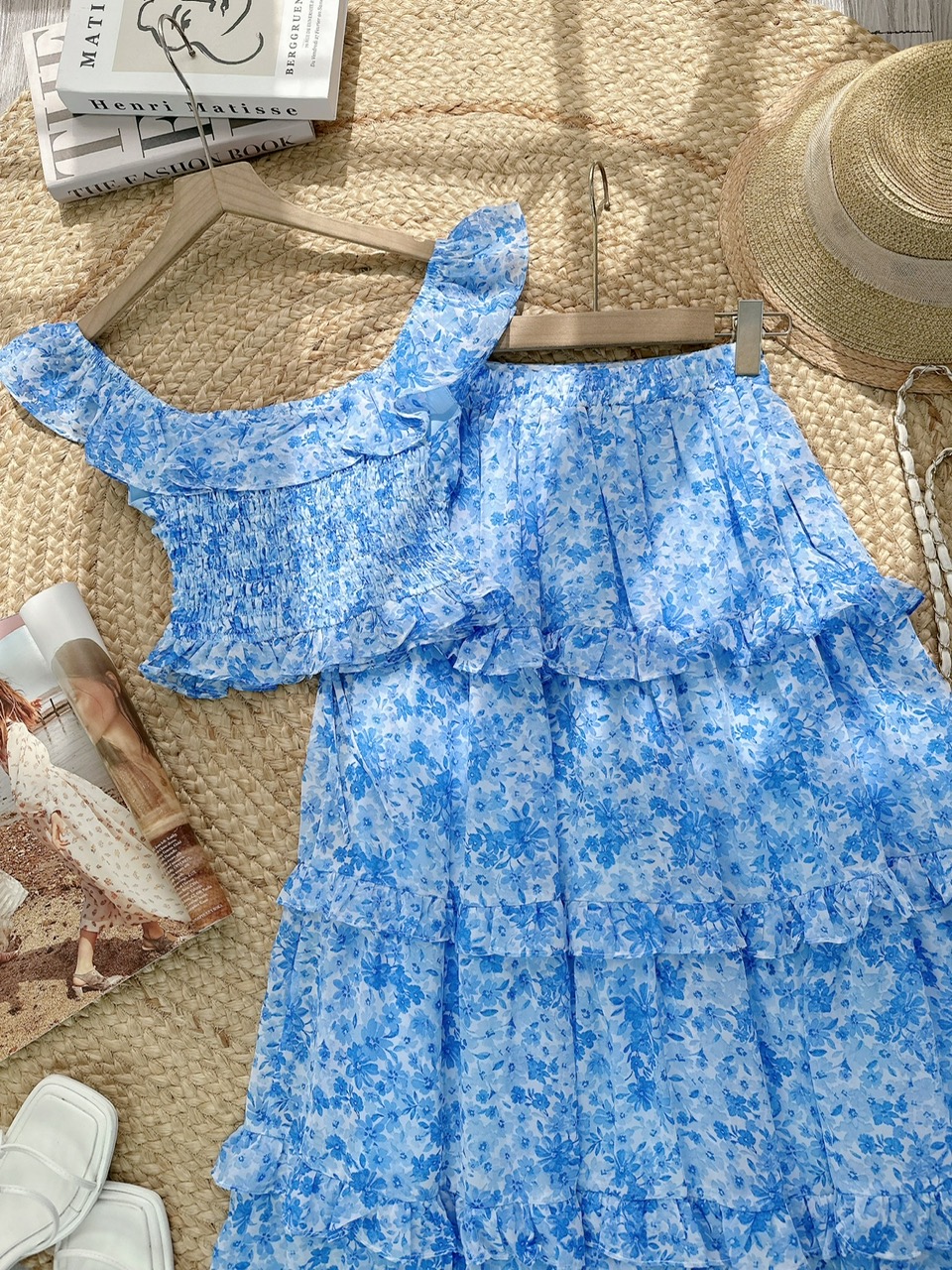 Set Bộ Nữ Áo Smocking Eo Mix Chân Váy Dáng Dài Xòe Hoạ Tiết Hoa Chất Tơ IC Đi Biển MIMIX - FI2