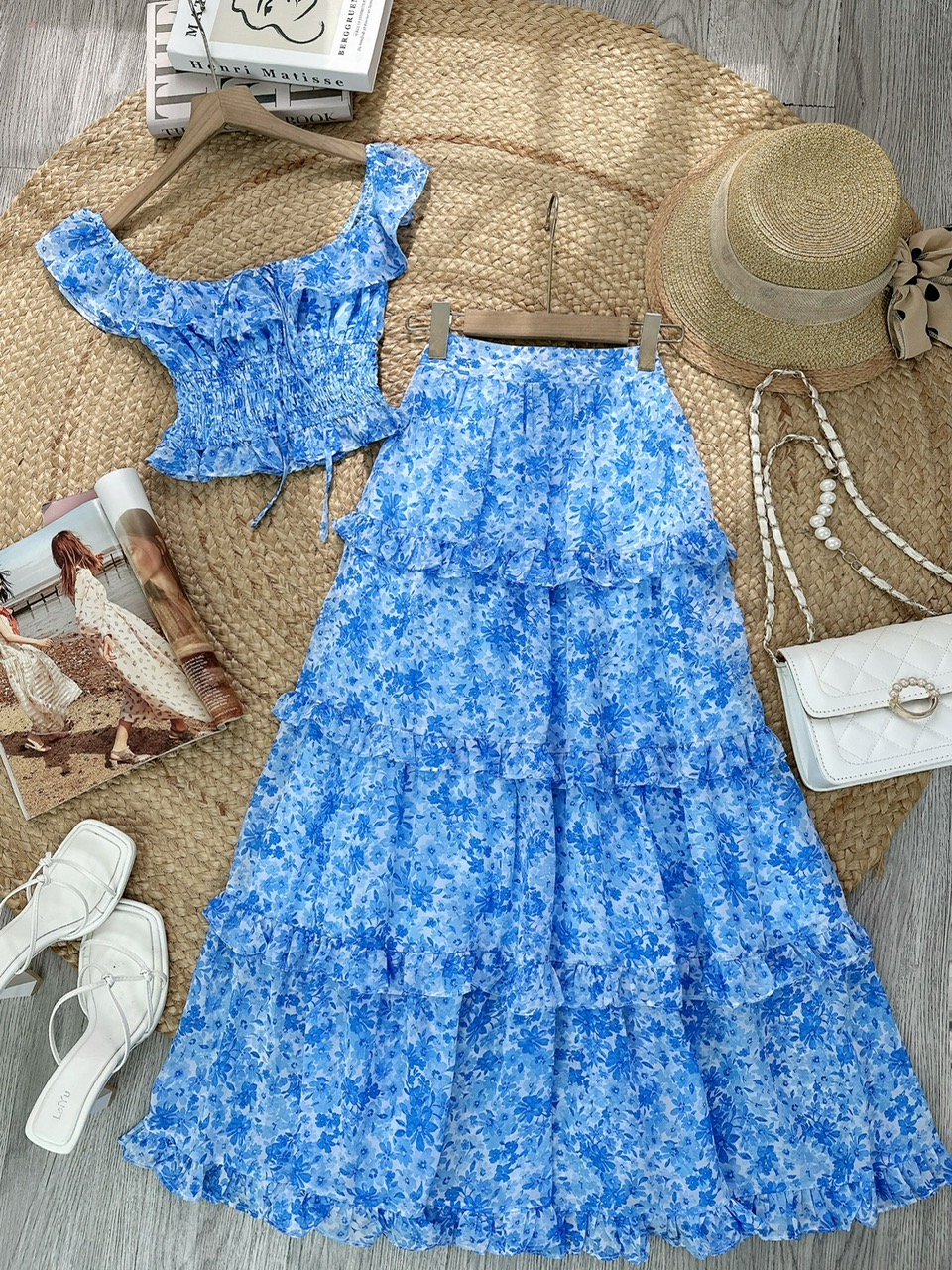 Set Bộ Nữ Áo Smocking Eo Mix Chân Váy Dáng Dài Xòe Hoạ Tiết Hoa Chất Tơ IC Đi Biển MIMIX - FI2