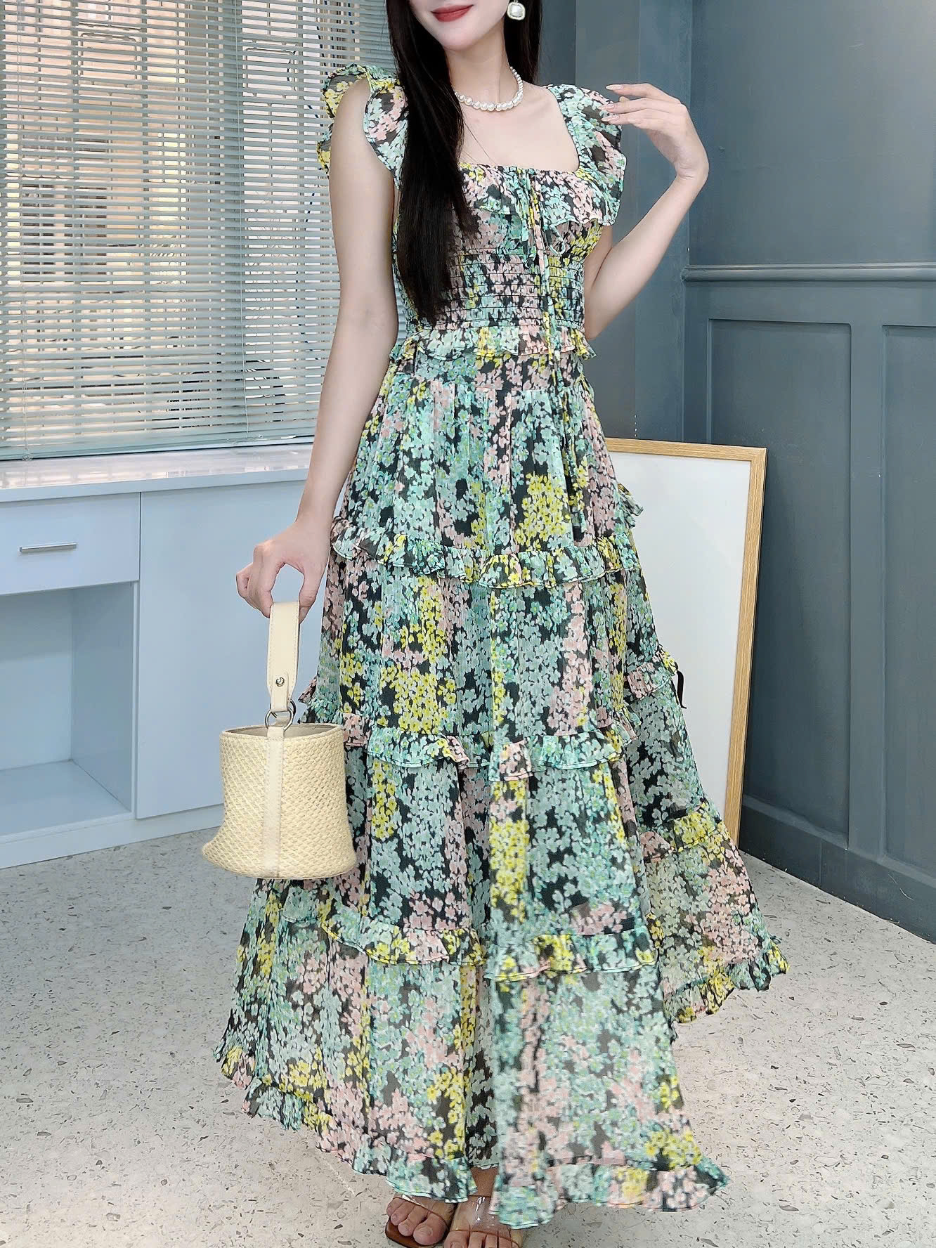Set Bộ Nữ Áo Smocking Eo Mix Chân Váy Dáng Dài Xòe Hoạ Tiết Hoa Chất Tơ IC Đi Biển MIMIX - FI2