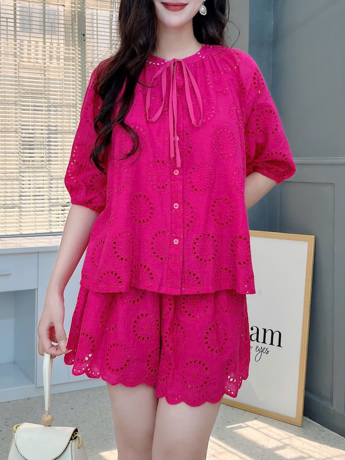 Set Short Nữ Áo Boi Thêu Mix Nơ Và Quần Dáng Ngắn Chất Boi Thêu Dày Đi Dạo Phố MIMIX - FI5