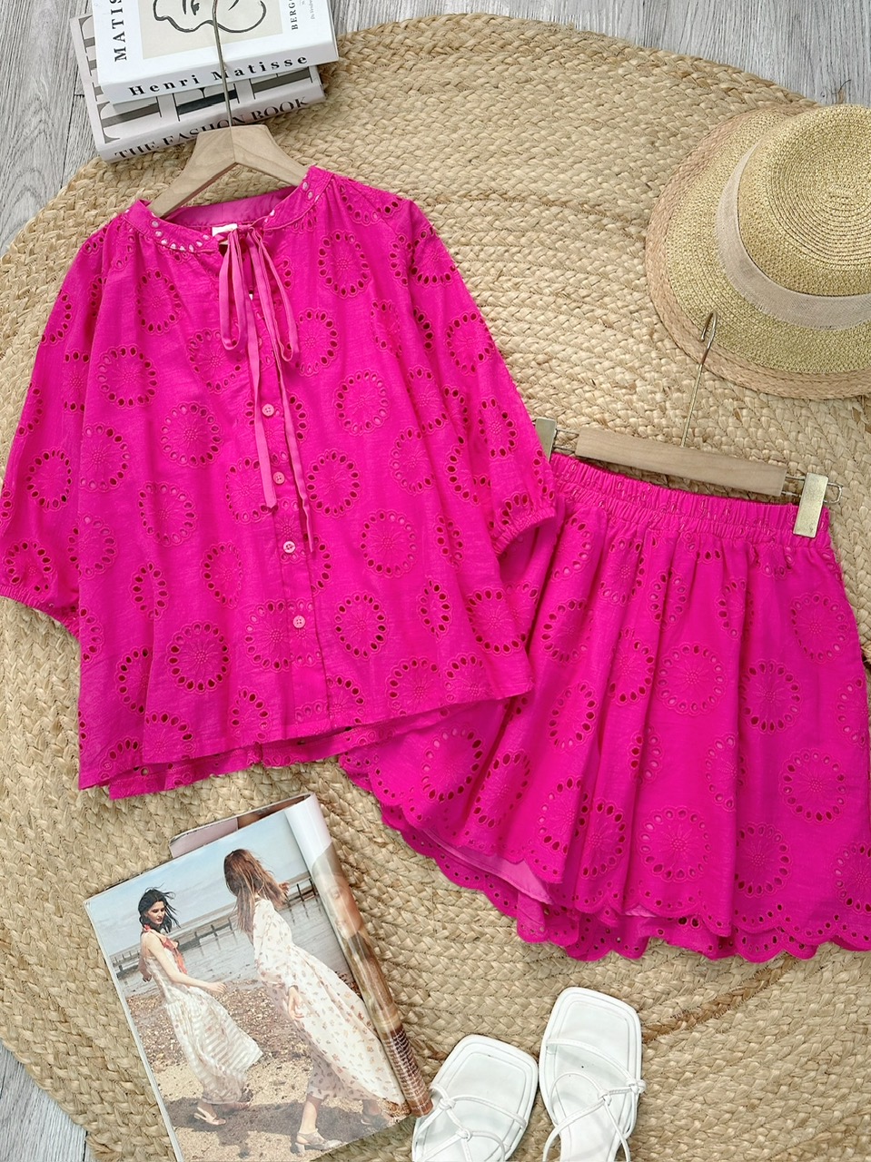 Set Short Nữ Áo Boi Thêu Mix Nơ Và Quần Dáng Ngắn Chất Boi Thêu Dày Đi Dạo Phố MIMIX - FI5