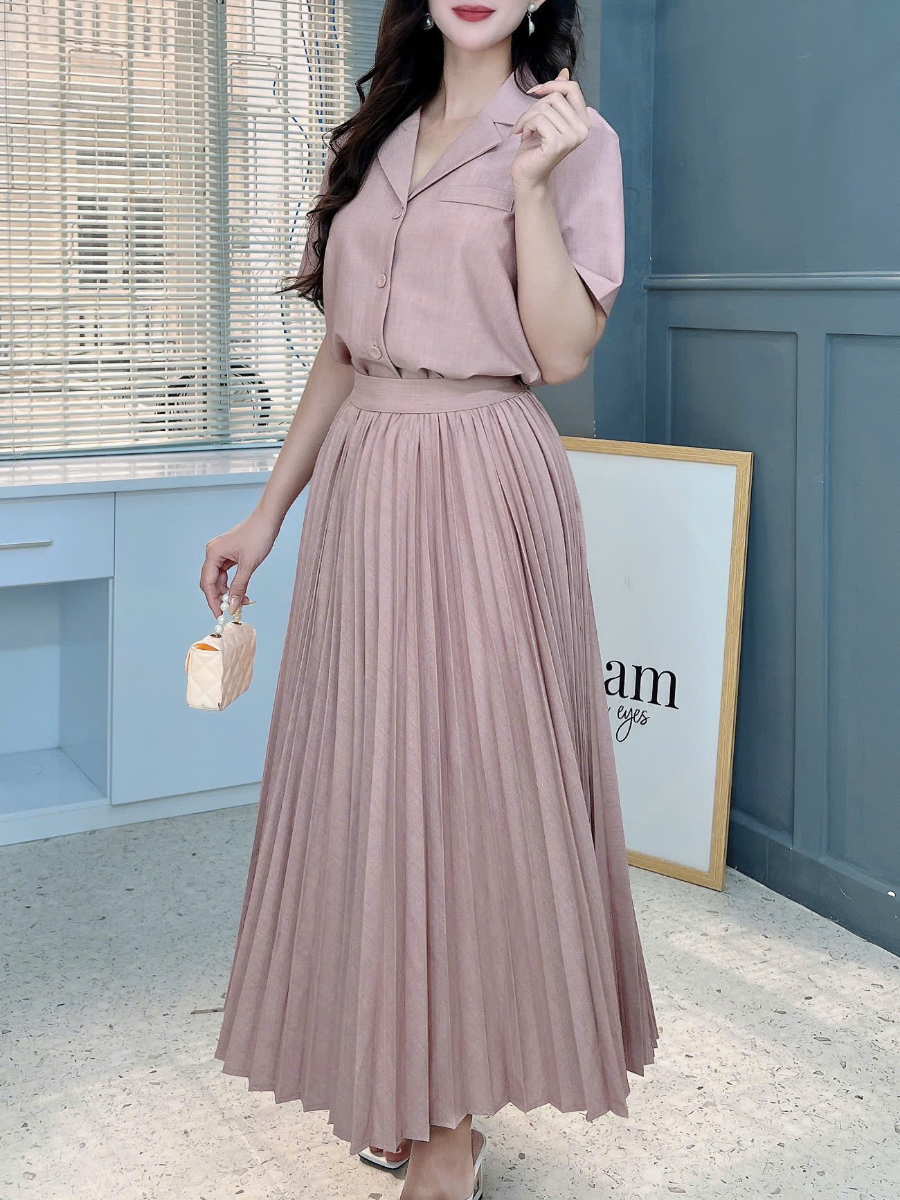 Set Váy Nữ Chân Váy Dập Ly Mix Áo Vest Tay Ngắn Chất Chéo Hàn Công Sở MIMIX - FJ1