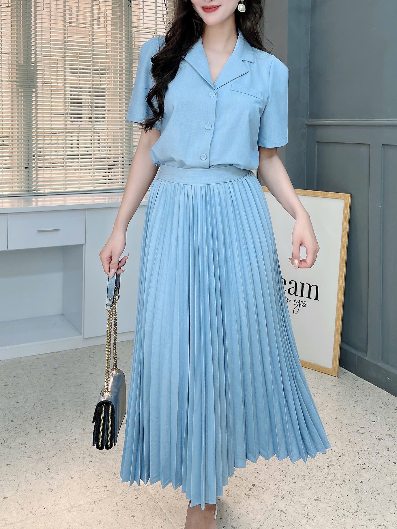 Set Váy Nữ Chân Váy Dập Ly Mix Áo Vest Tay Ngắn Chất Chéo Hàn Công Sở MIMIX - FJ1