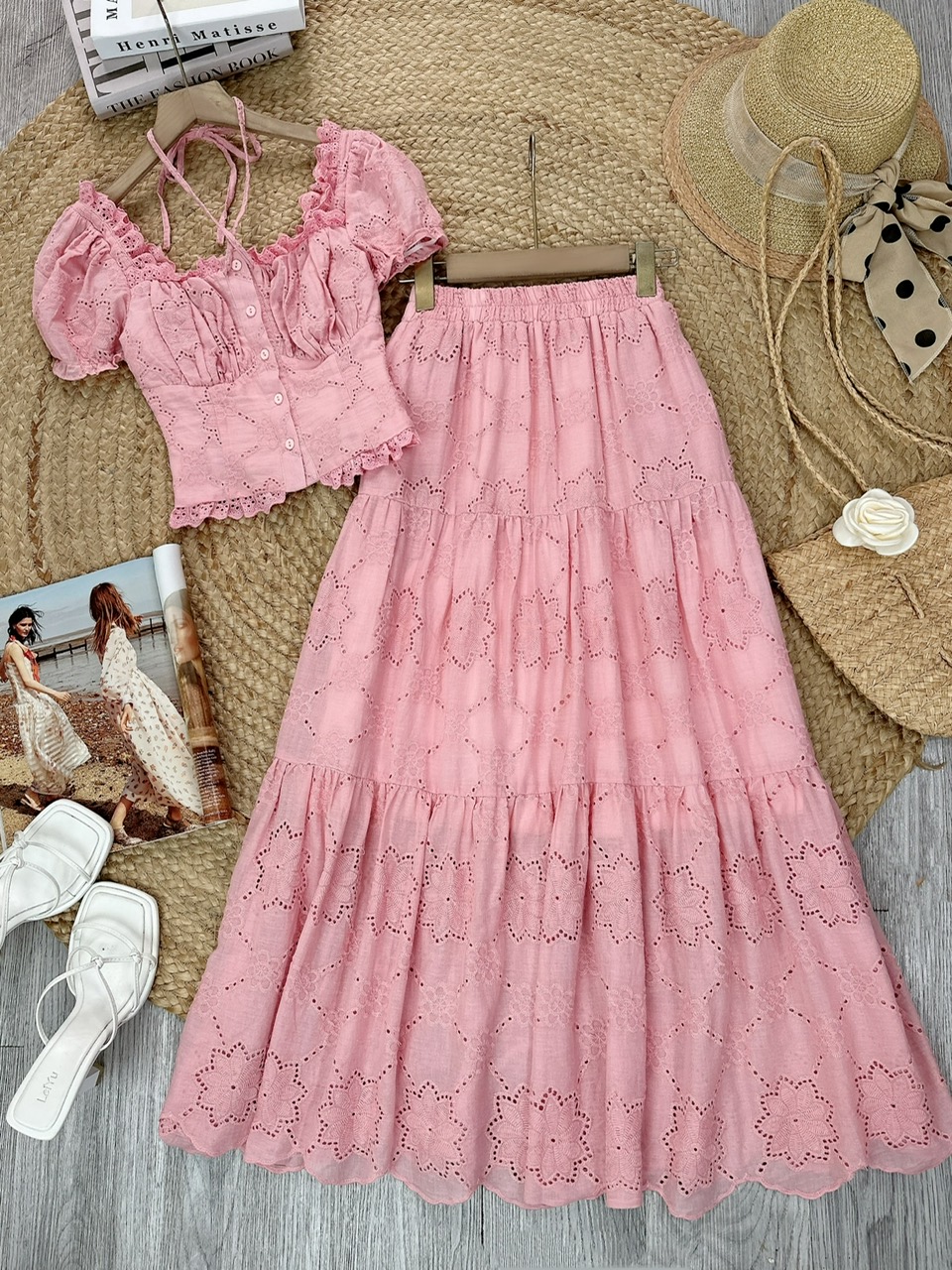 Women’s Cotton Boi Ruffled Top and Long Flowy Skirt Set – Elegant Summer & Beach Outfit | Mimix FJ2