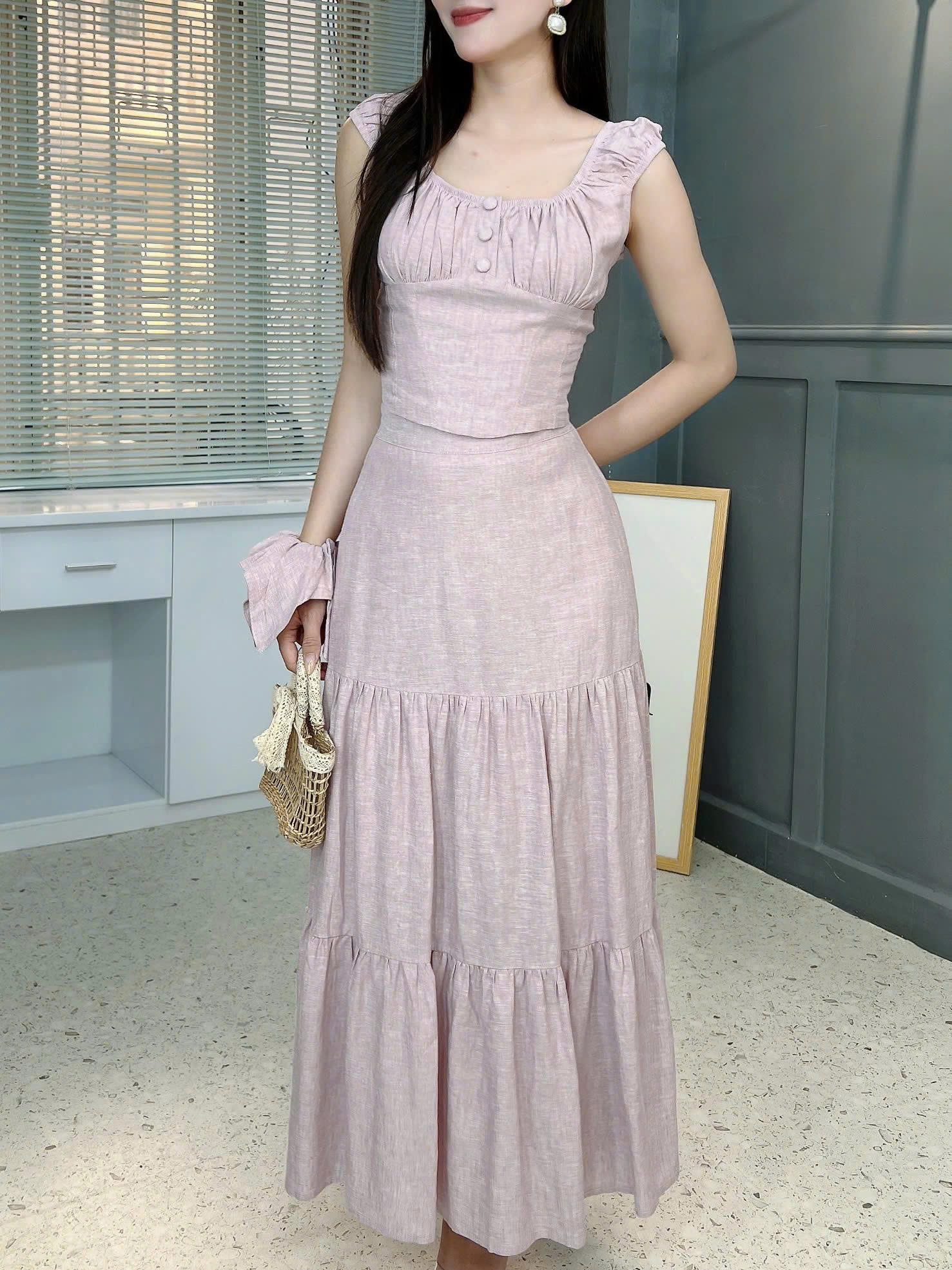 Set Váy Nữ Áo Sát Nách Phối Nút Mix Chân Váy Tầng Dáng Dài Chất Linen Tưng MIMIX - FJ6