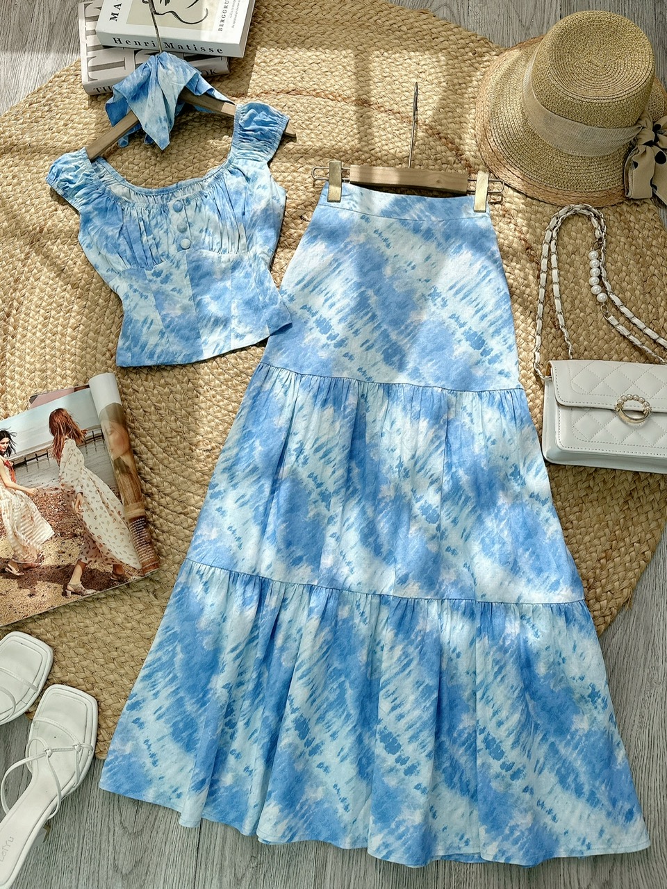 Set Váy Nữ Áo Sát Nách Phối Nút Mix Chân Váy Tầng Dáng Dài Chất Linen Tưng MIMIX - FJ6