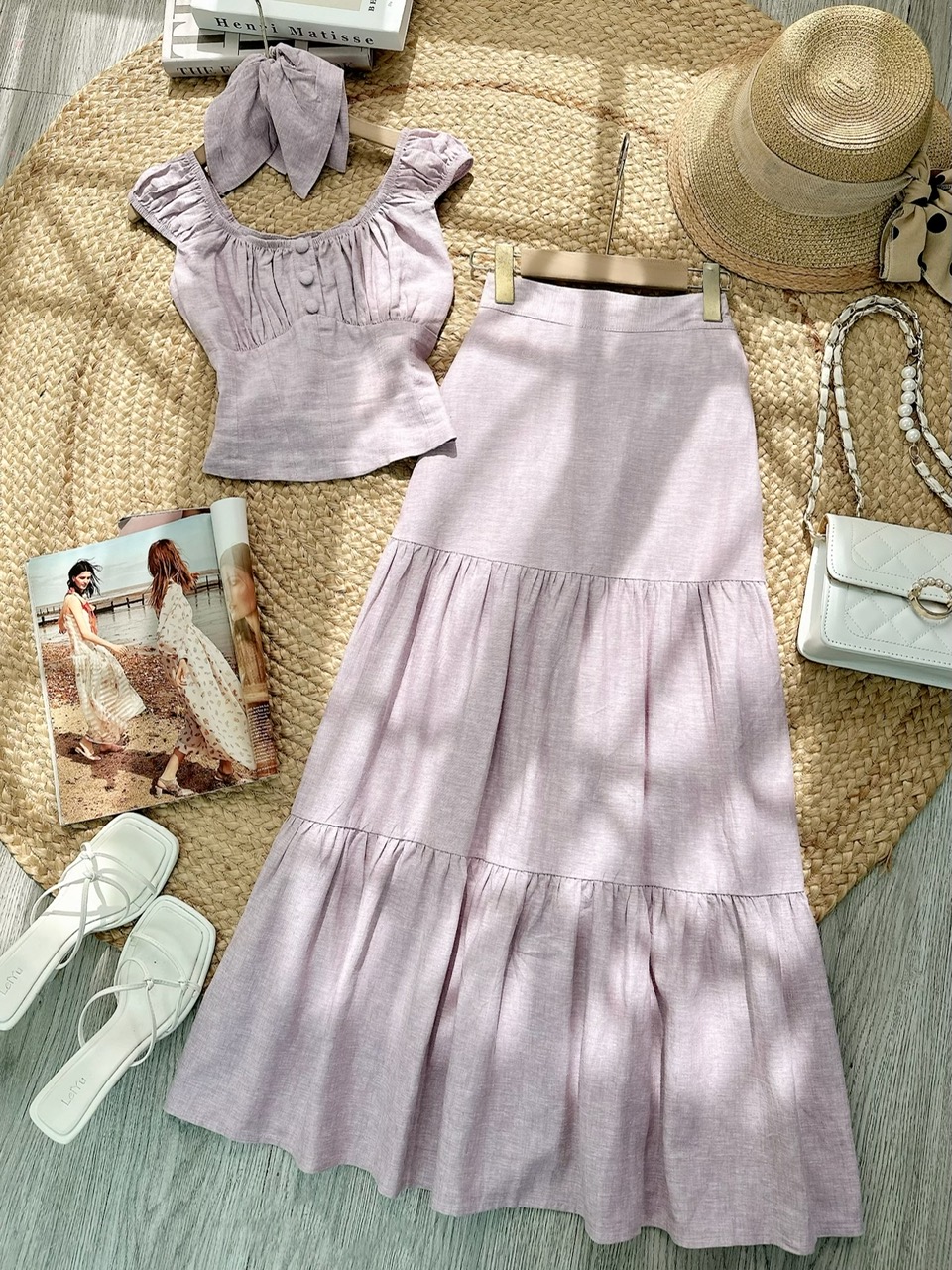 Set Váy Nữ Áo Sát Nách Phối Nút Mix Chân Váy Tầng Dáng Dài Chất Linen Tưng MIMIX - FJ6