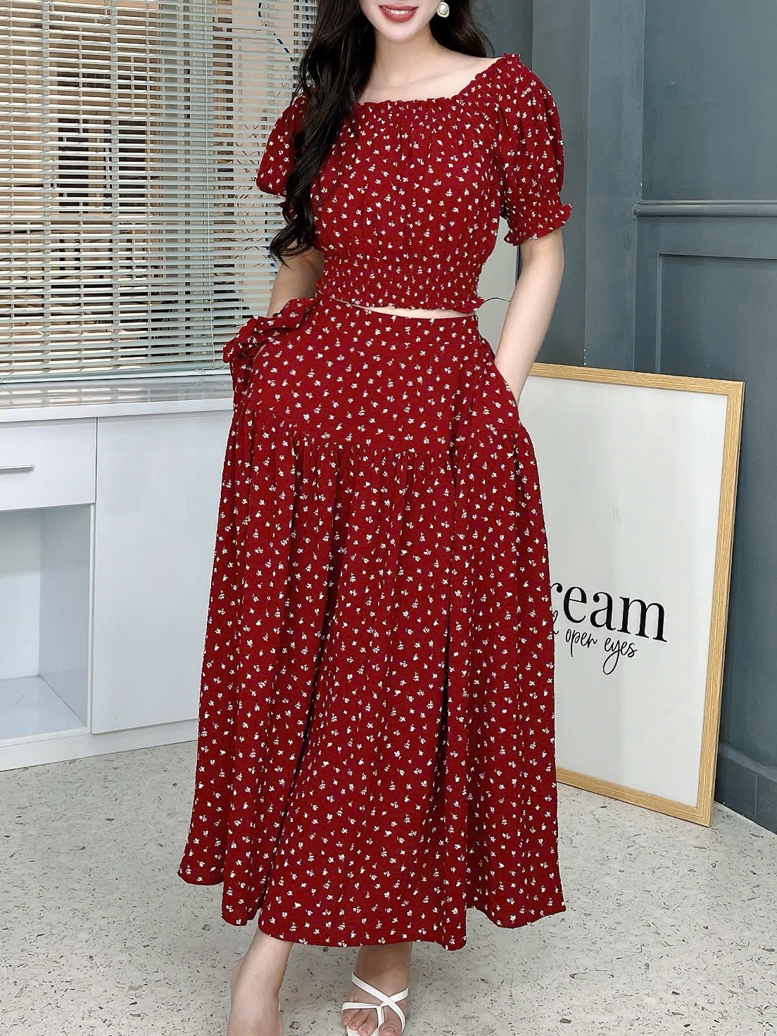 Set Váy Hoa Nhí Bo Eo Mix Chân Váy Dáng Dài Xòe Đi Biển MIMIX - FK7