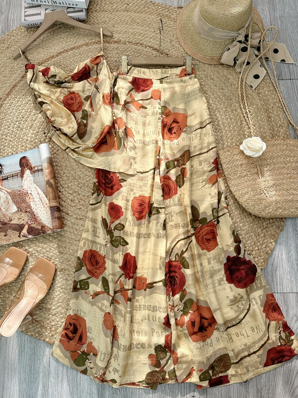 Set Bộ Áo Cổ Đổ Áo 2 Dây Vạt Chéo Mix Quần Dáng Suông Dài Họa Tiết Chất Satin Lạnh Đi Tiệc MIMIX - FK1