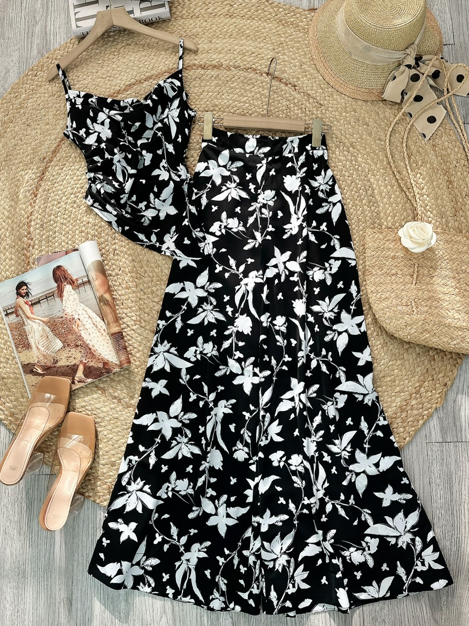 Set Bộ Áo Cổ Đổ Áo 2 Dây Vạt Chéo Mix Quần Dáng Suông Dài Họa Tiết Chất Satin Lạnh Đi Tiệc MIMIX - FK1