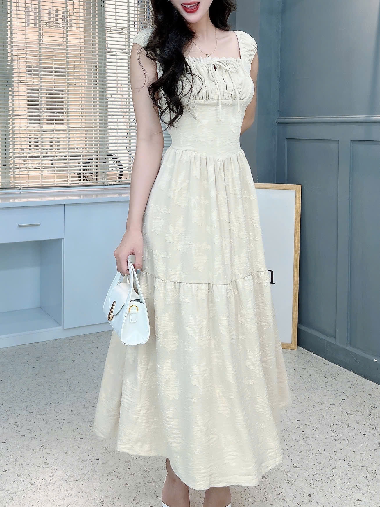 Đầm Midi Hoa Nhún Ngực Dáng Dài Chất Tằm Thun Dệt 3D Đi Biển MIMIX - FK2