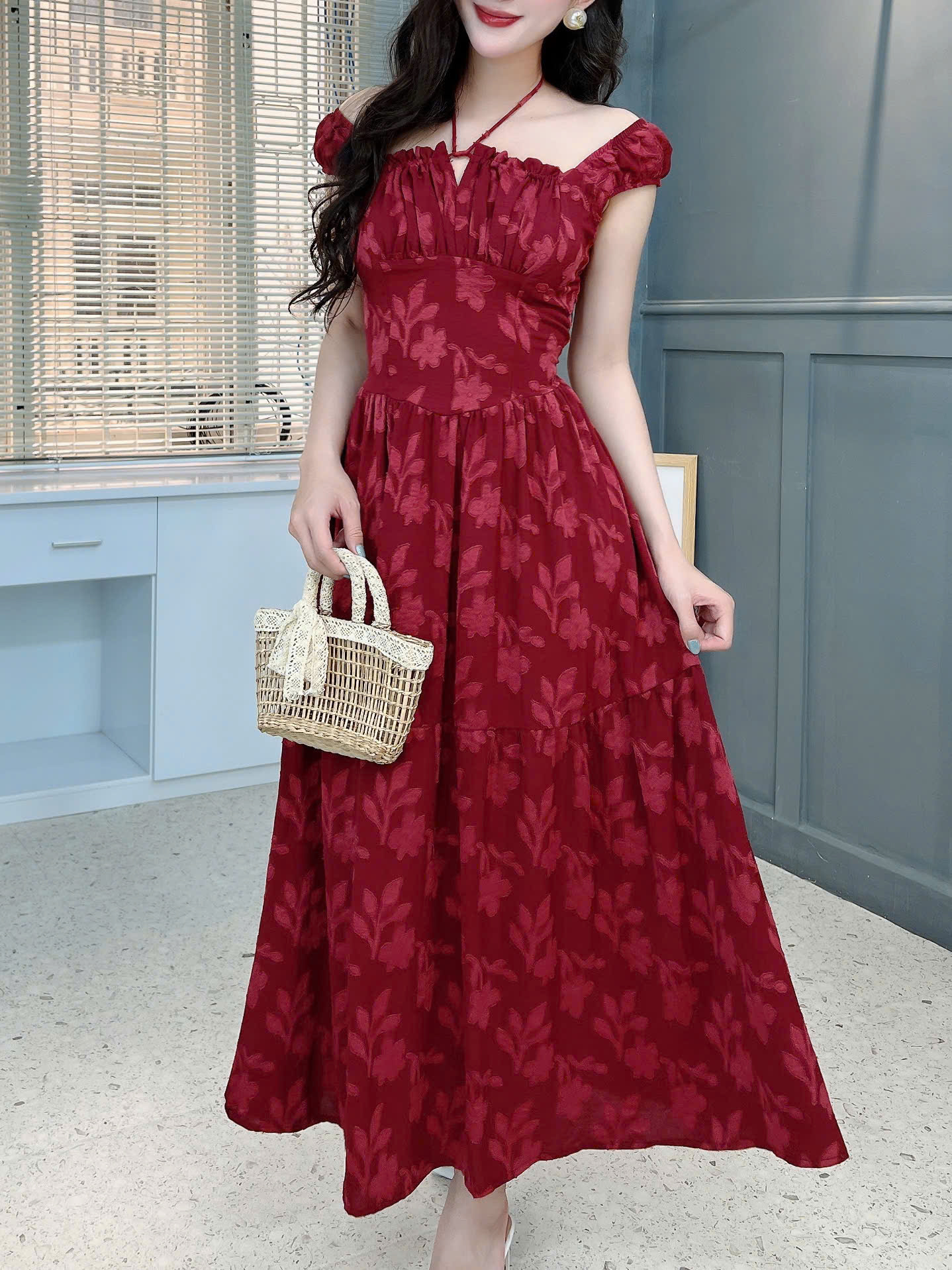 Đầm Midi Hoa Nhún Ngực Dáng Dài Chất Tằm Thun Dệt 3D Đi Biển MIMIX - FK2