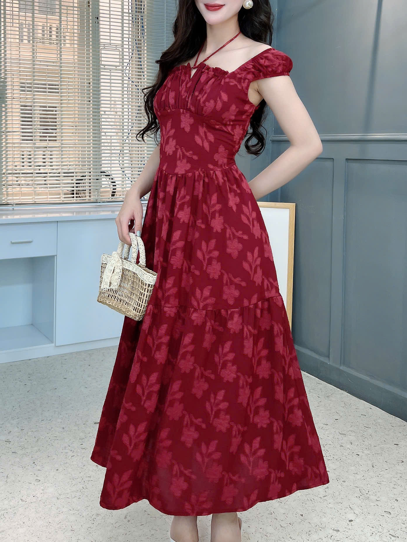 Đầm Midi Hoa Nhún Ngực Dáng Dài Chất Tằm Thun Dệt 3D Đi Biển MIMIX - FK2