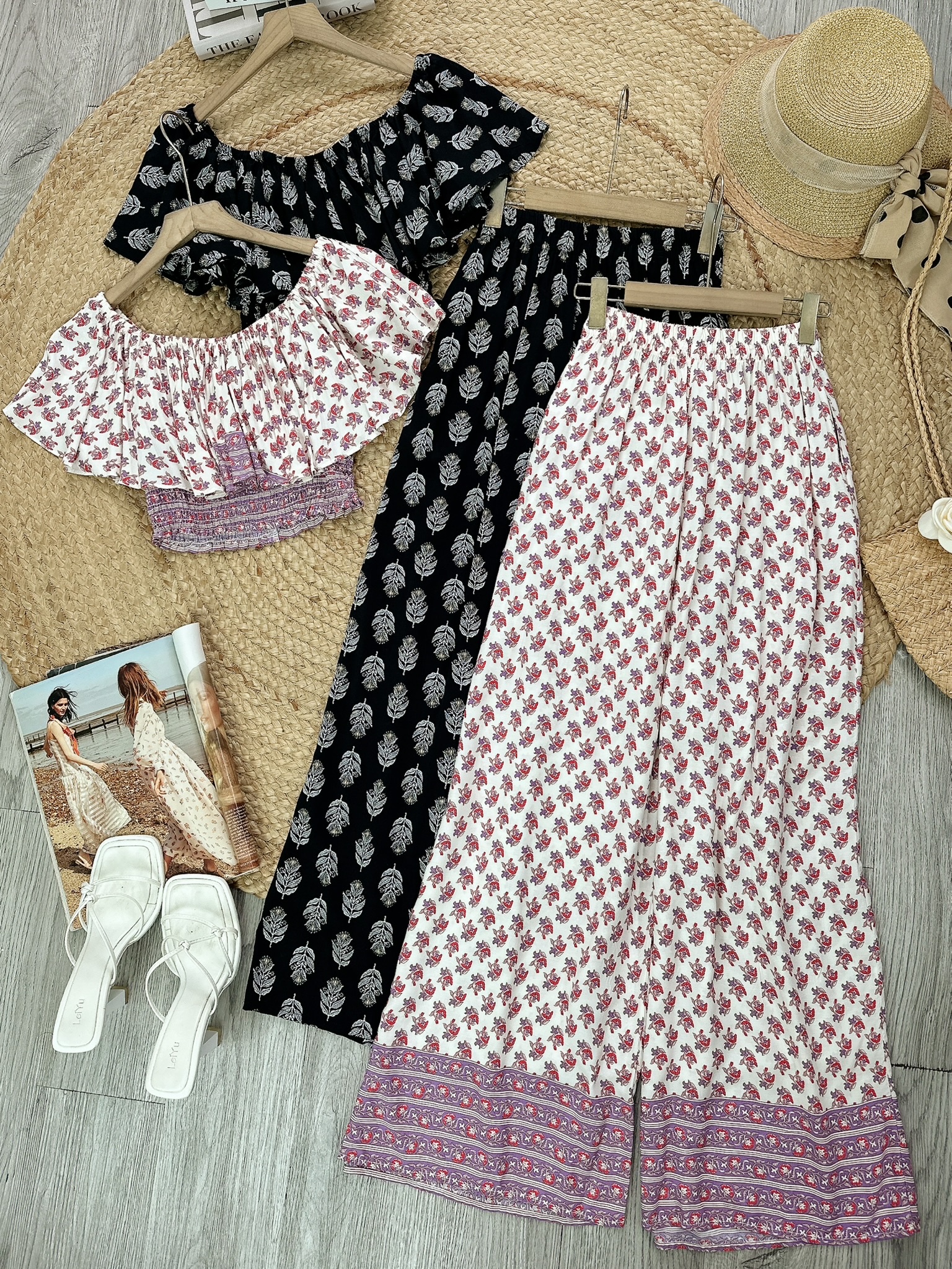 Set Bộ Nữ Áo Croptop Bèo Mix Quần Suông Dài Họa Tiết Đi Biển Đi Tiệc MIMIX - FK9