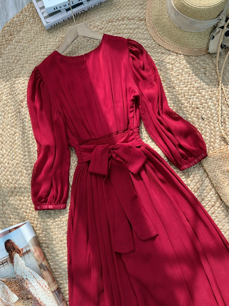 Đầm Maxi Nữ Tay Dài Cổ V Phối Xẻ Tà 3 Màu Chất Tơ IC Đi Biển Đi Tiệc MIMIX - FL0
