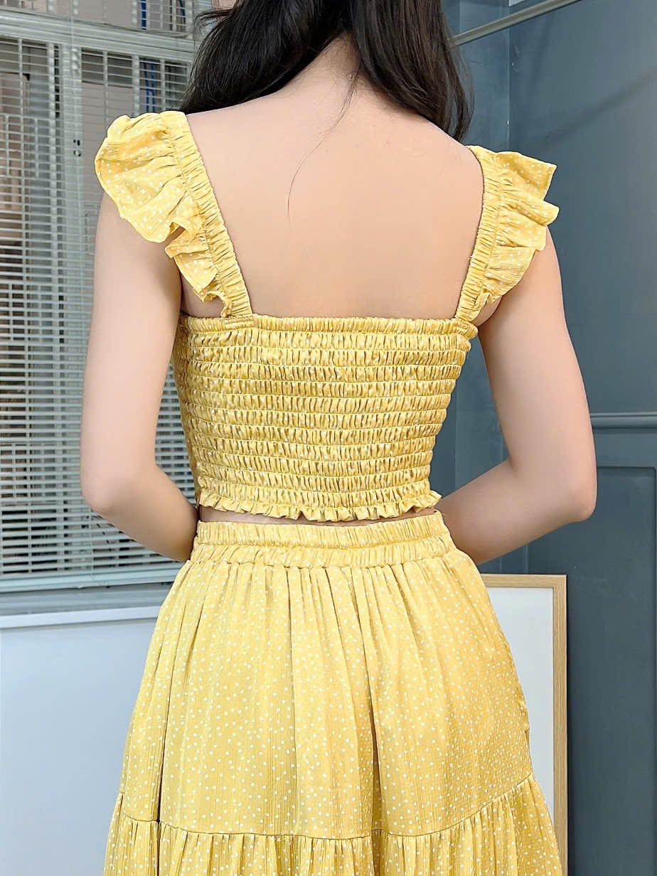 Set Áo 2 Dây Rút Ngực Mix Chân Váy Dáng Dài Xòe Chất Lụa Satin Họa Tiết Chấm Bi Đi Biển MIMIX - FL1