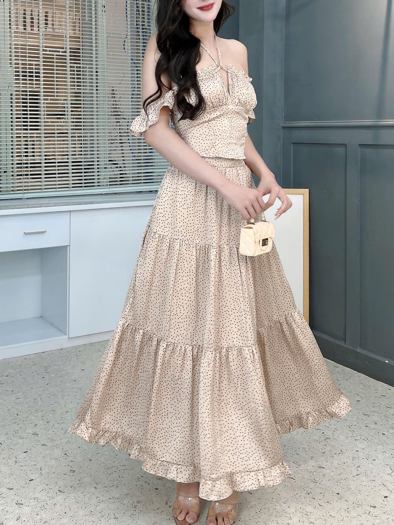 Set Áo 2 Dây Rút Ngực Mix Chân Váy Dáng Dài Xòe Chất Lụa Satin Họa Tiết Chấm Bi Đi Biển MIMIX - FL1