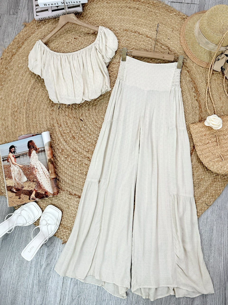 Set Bộ Nữ Áo Croptop Tay Bí Mix Quần Dài Ống Giả Váy Chất Xô Thêu Hạt Đi Tiệc Đi Biển MIMIX - FL4