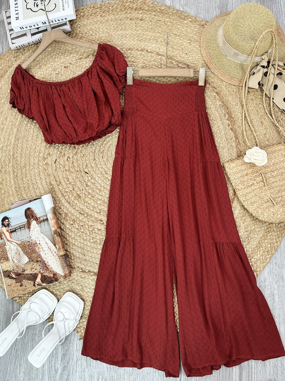 Set Bộ Nữ Áo Croptop Tay Bí Mix Quần Dài Ống Giả Váy Chất Xô Thêu Hạt Đi Tiệc Đi Biển MIMIX - FL4