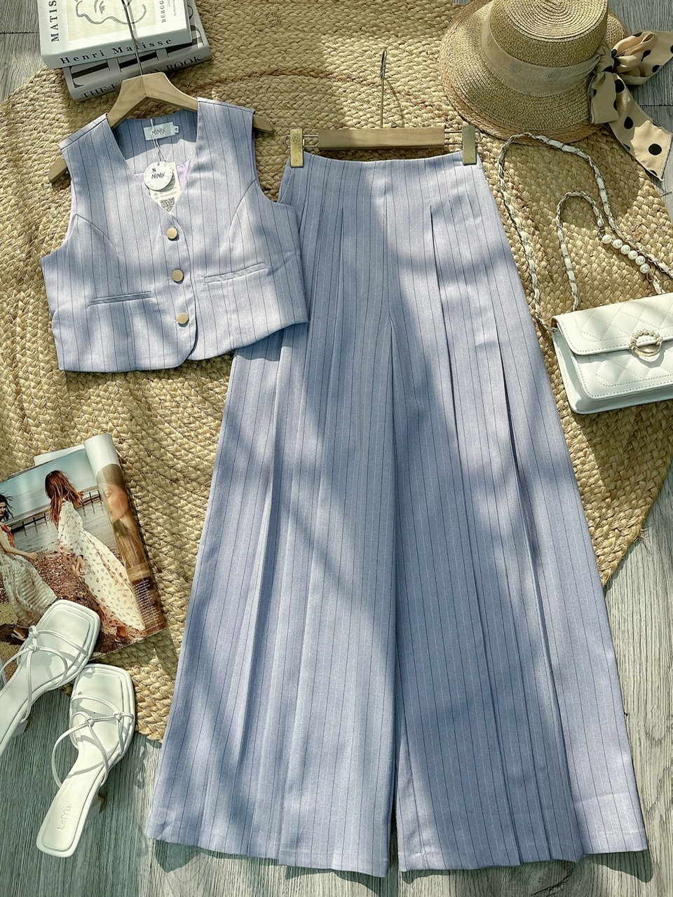 Set Bộ Gile Áo Sát Nách Cổ V Mix Quần Xếp Ly Dáng Dài Chất Chéo Hàn Công Sở MIMIX - FL5