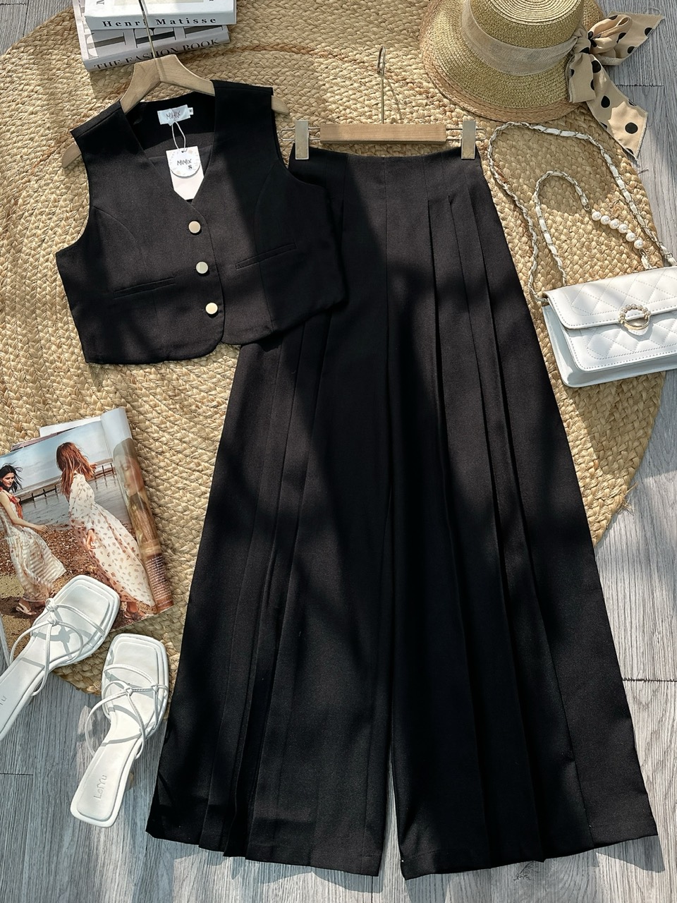 Set Bộ Gile Áo Sát Nách Cổ V Mix Quần Xếp Ly Dáng Dài Chất Chéo Hàn Công Sở MIMIX - FL5