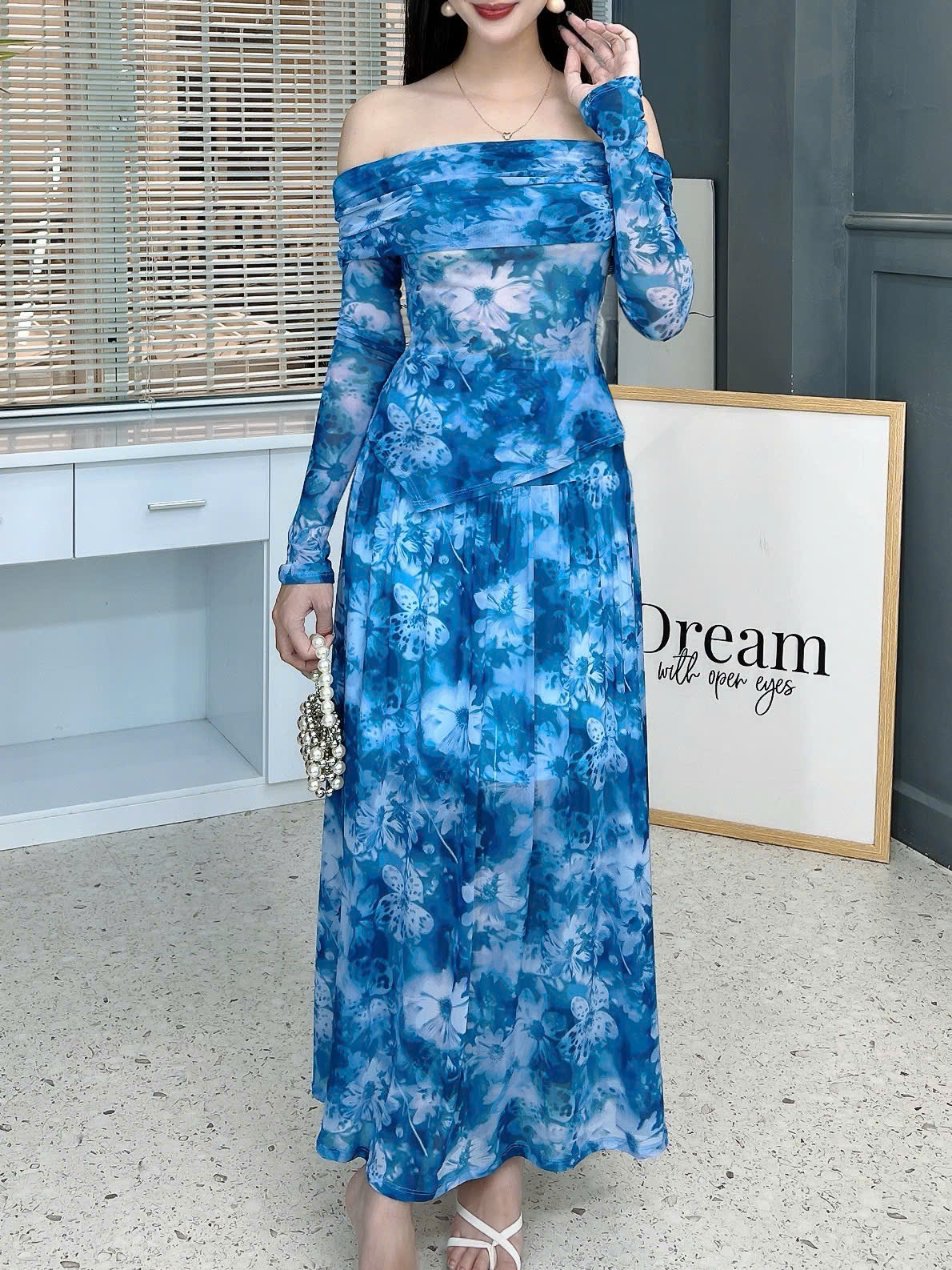 Set Váy Nữ Áo Thun Trễ Vai Tay Dài Kèm Chân Váy Dáng Dài Xòe Đi Biển MIMIX - FL8