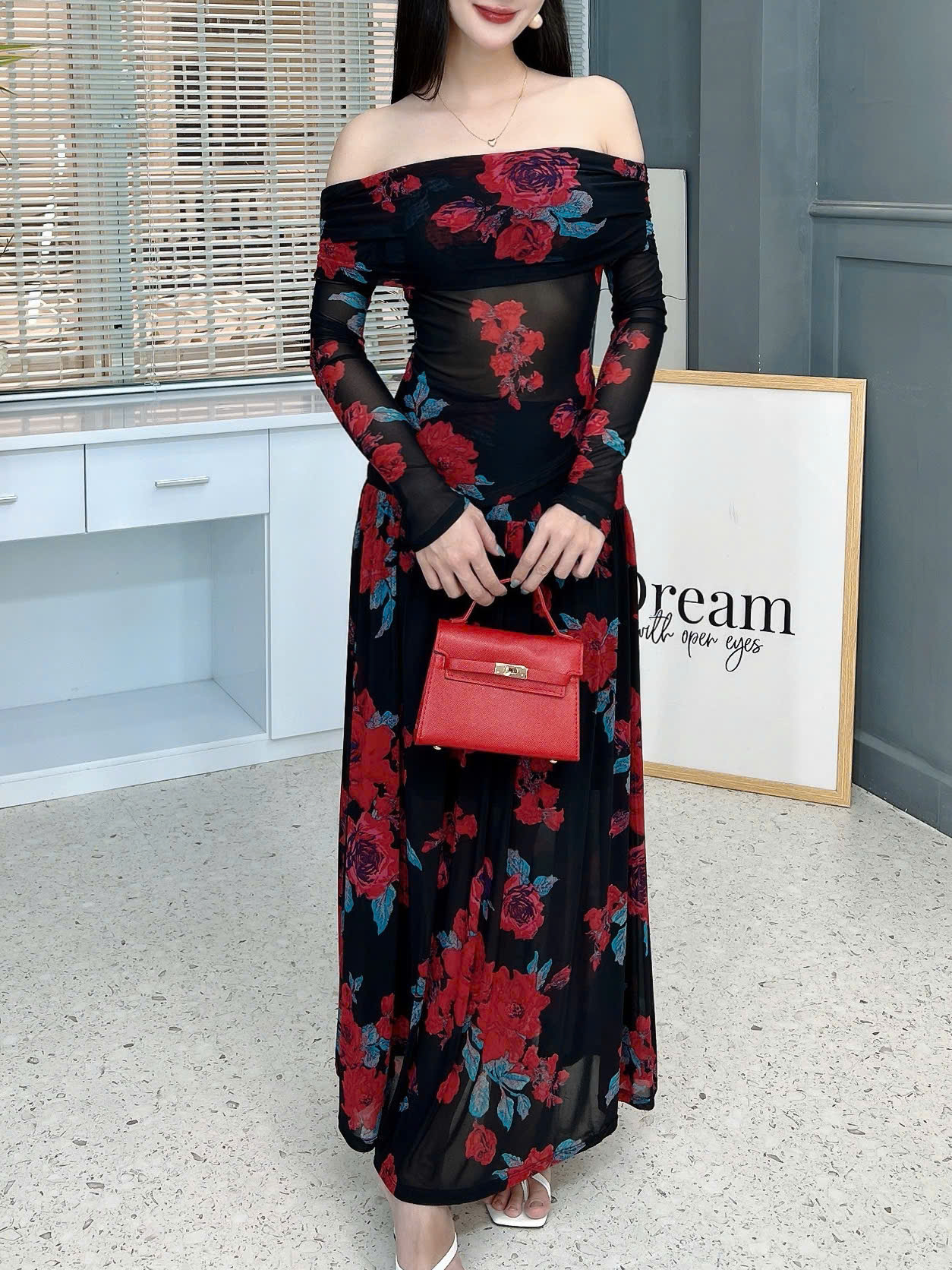 Set Váy Nữ Áo Thun Trễ Vai Tay Dài Kèm Chân Váy Dáng Dài Xòe Đi Biển MIMIX - FL8