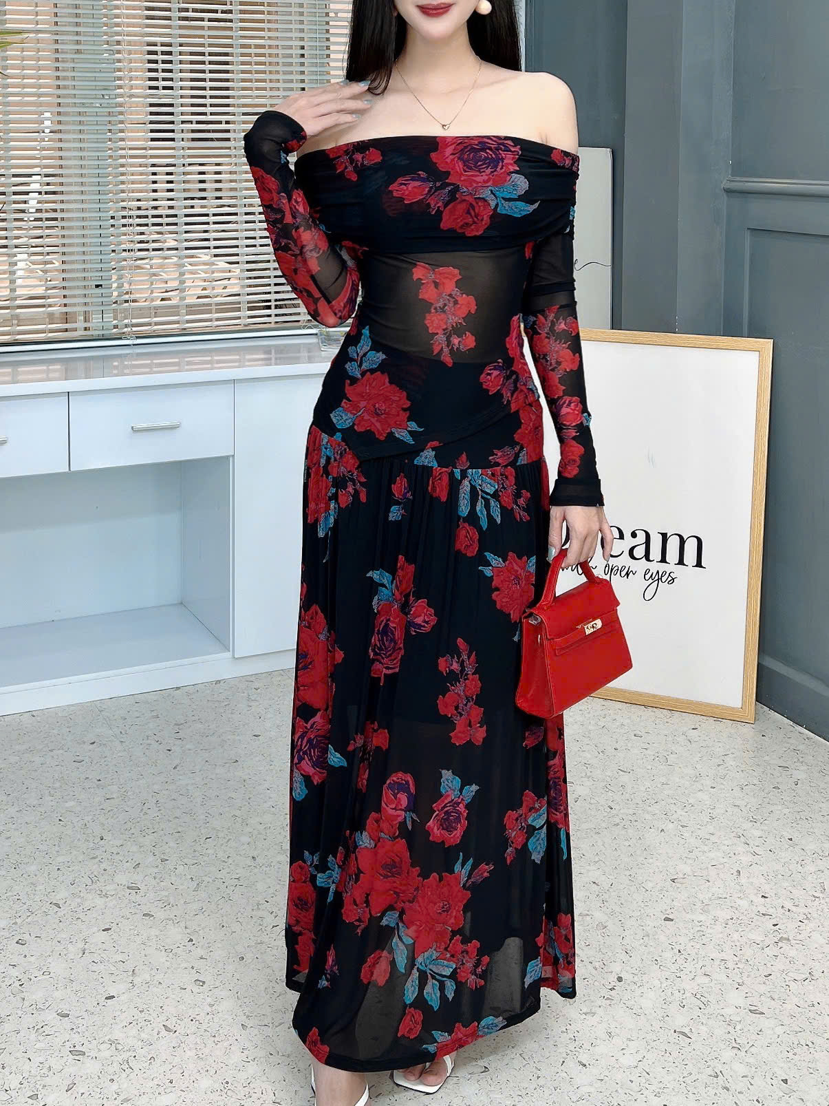 Set Váy Nữ Áo Thun Trễ Vai Tay Dài Kèm Chân Váy Dáng Dài Xòe Đi Biển MIMIX - FL8