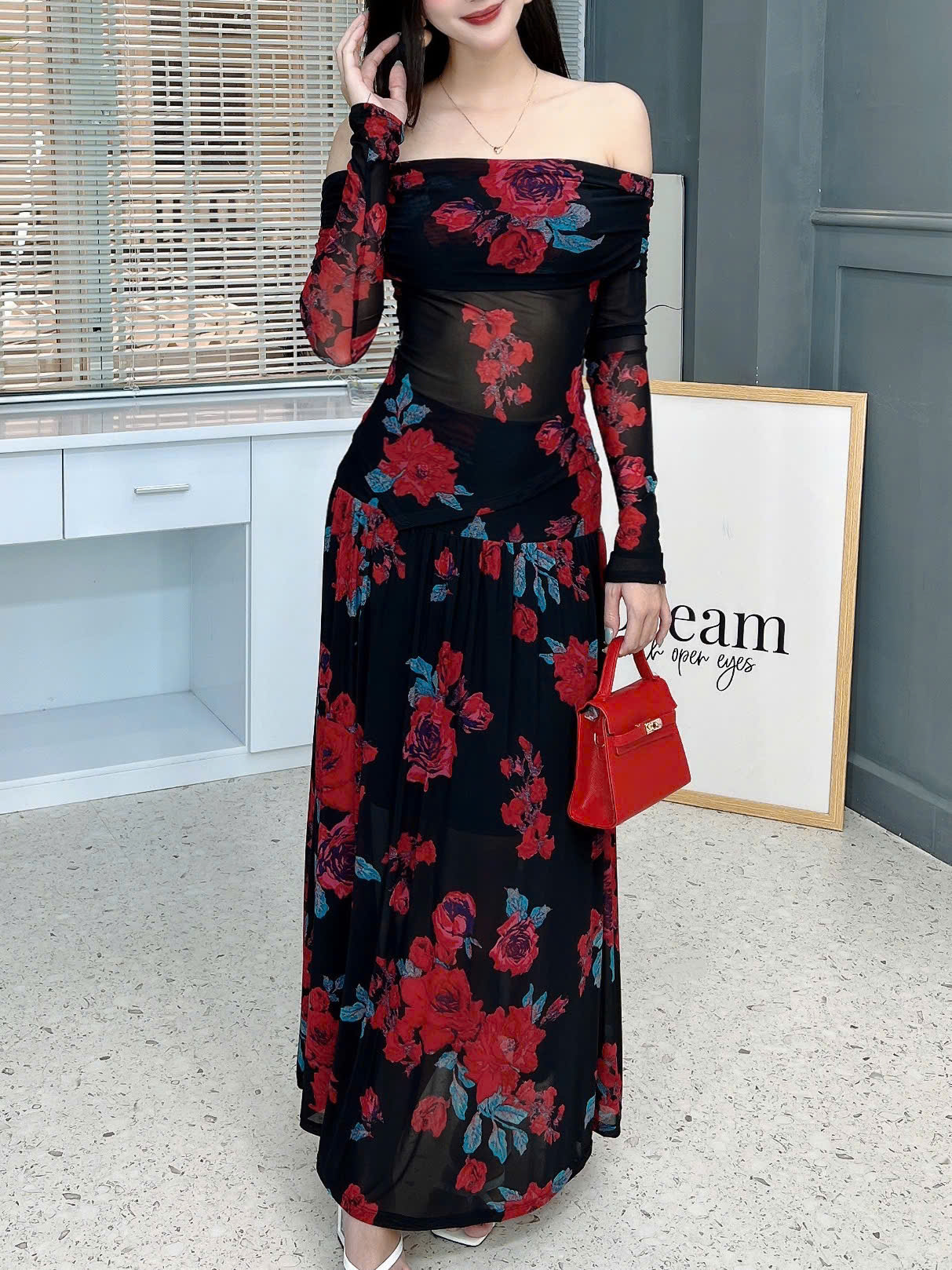 Set Váy Nữ Áo Thun Trễ Vai Tay Dài Kèm Chân Váy Dáng Dài Xòe Đi Biển MIMIX - FL8