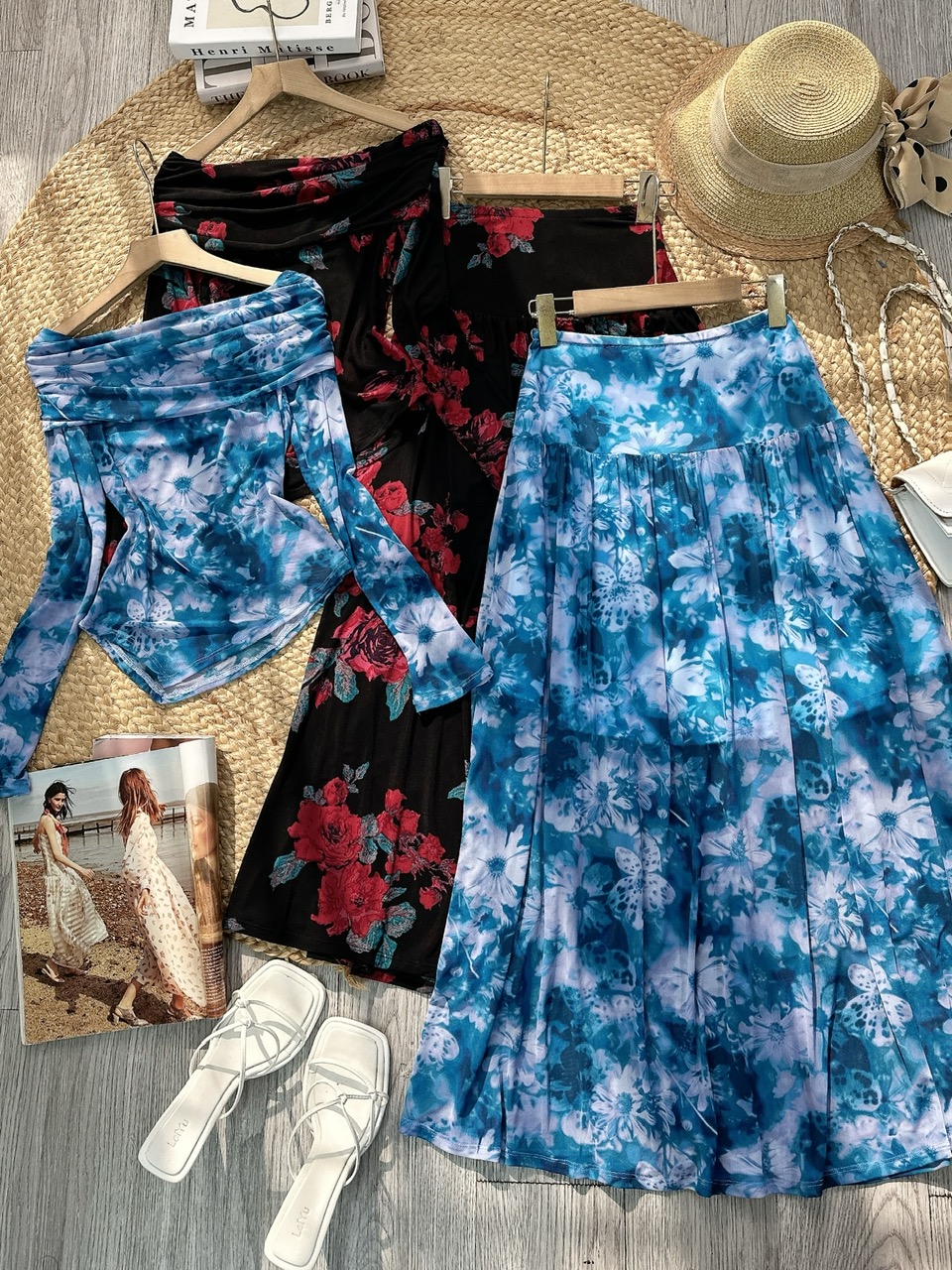Set Váy Nữ Áo Thun Trễ Vai Tay Dài Kèm Chân Váy Dáng Dài Xòe Đi Biển MIMIX - FL8