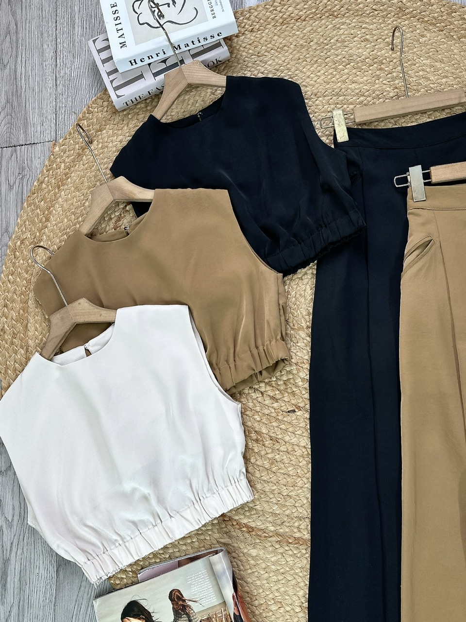 Set Bộ Trơn Nữ Áo Sát Cổ Tròn Nách Độn Vai Mix Quần Dáng Dài Đi Tiệc MIMIX - FL9