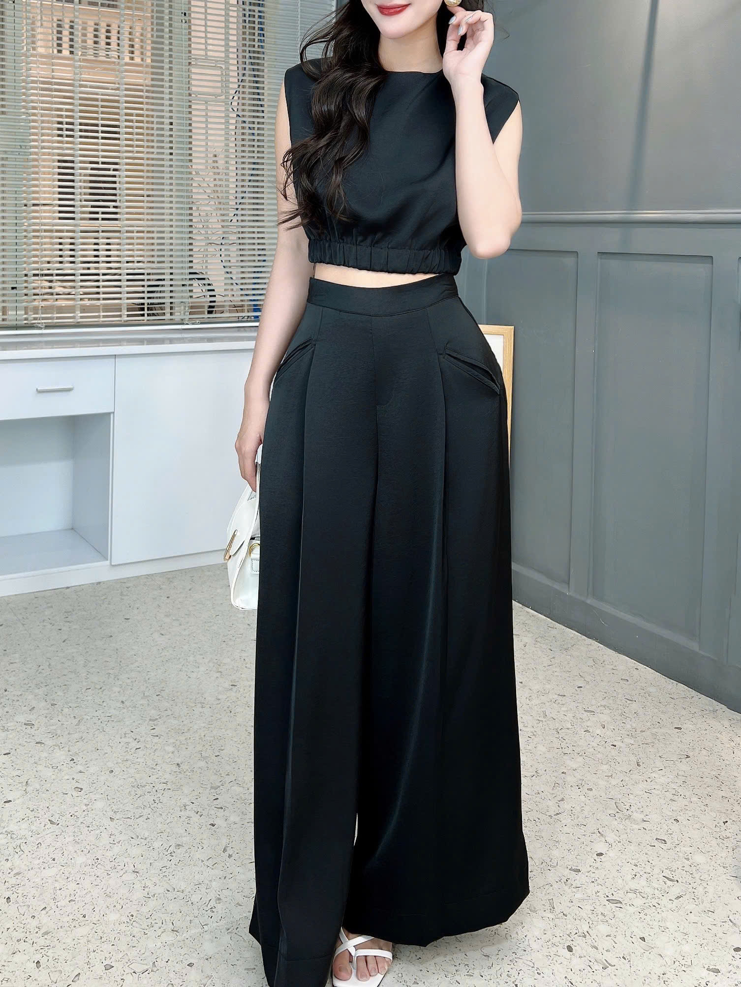 Set Bộ Trơn Nữ Áo Sát Cổ Tròn Nách Độn Vai Mix Quần Dáng Dài Đi Tiệc MIMIX - FL9