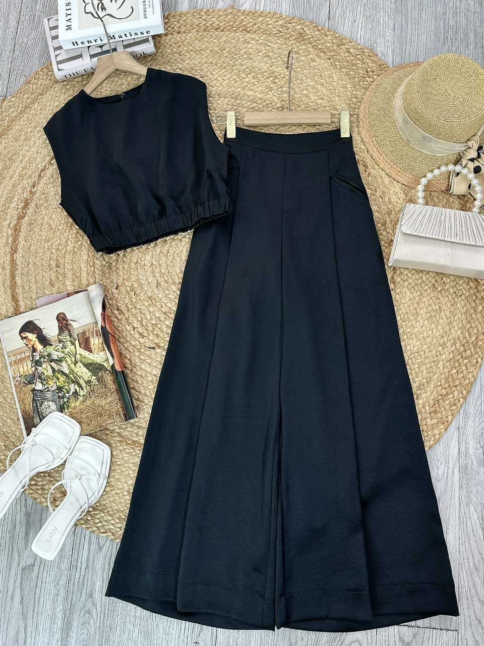 Set Bộ Trơn Nữ Áo Sát Cổ Tròn Nách Độn Vai Mix Quần Dáng Dài Đi Tiệc MIMIX - FL9